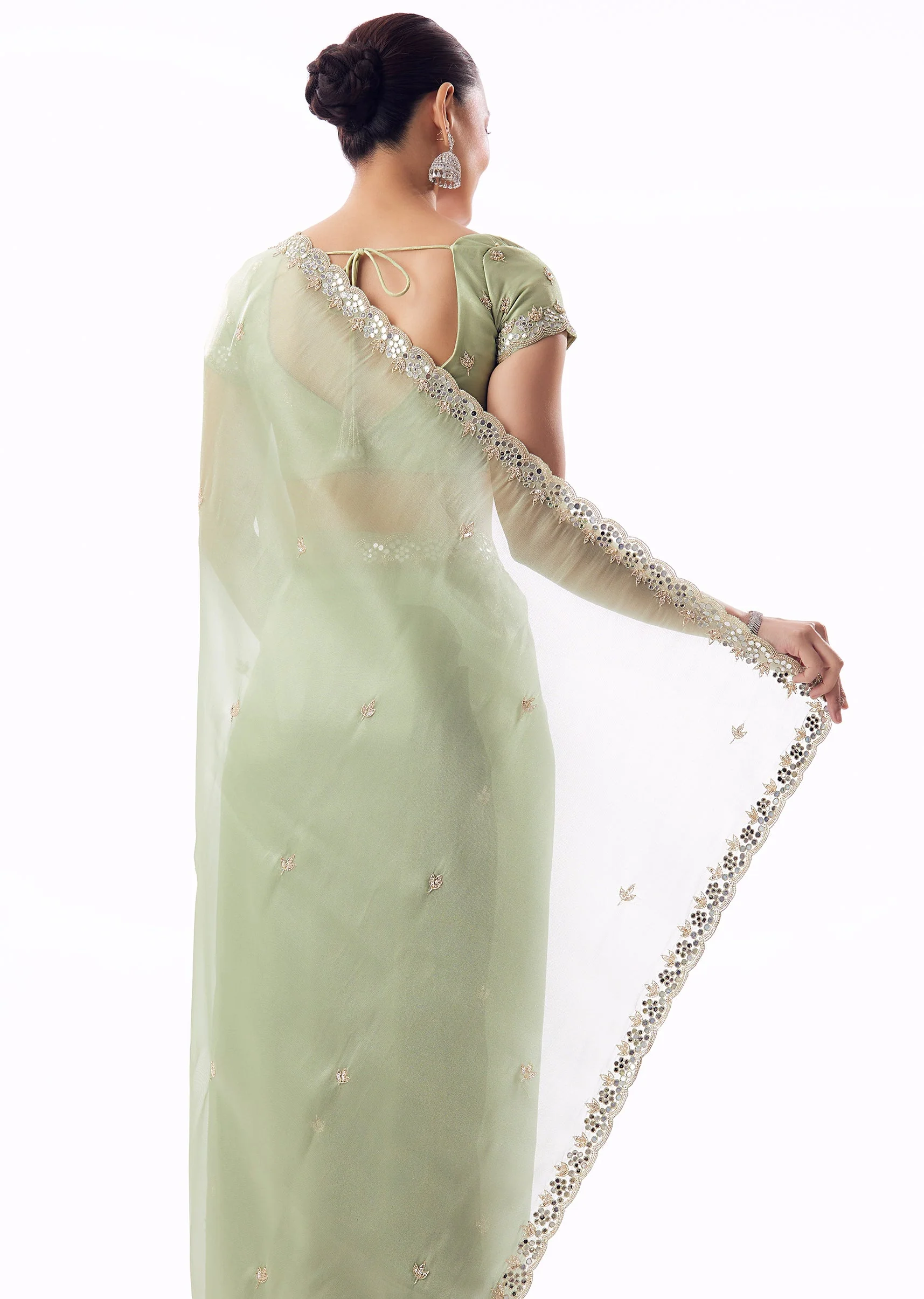 Sage Green Tissue Saree With Scallop Border And Cutdana Sequin Mirror Embroidery - Image 6