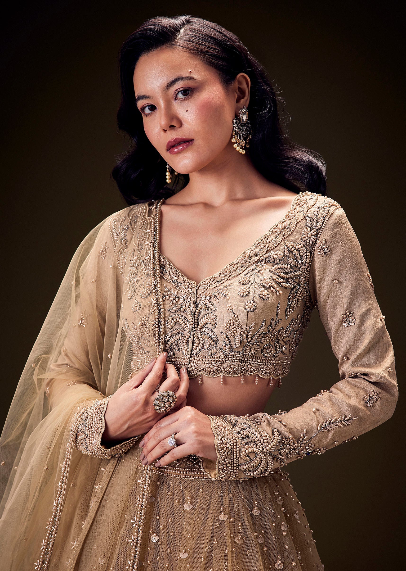 Sand Beige Net Hand Embroidered Pearl Work Lehenga Set - Image 3