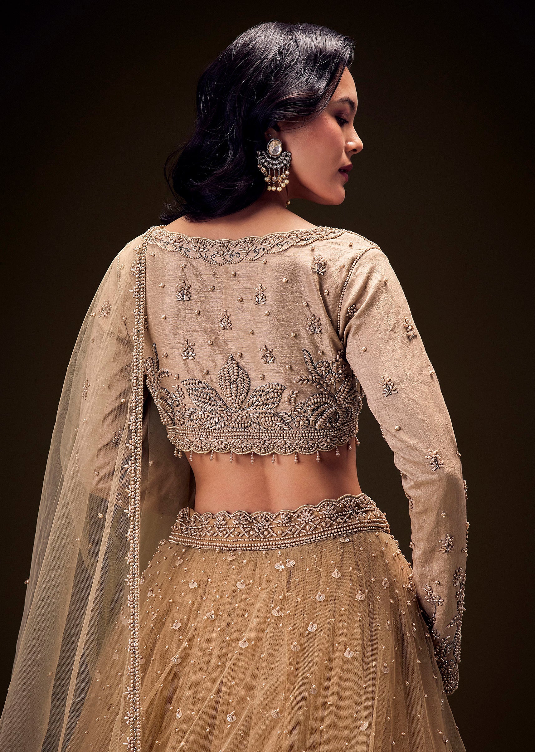Sand Beige Net Hand Embroidered Pearl Work Lehenga Set - Image 6