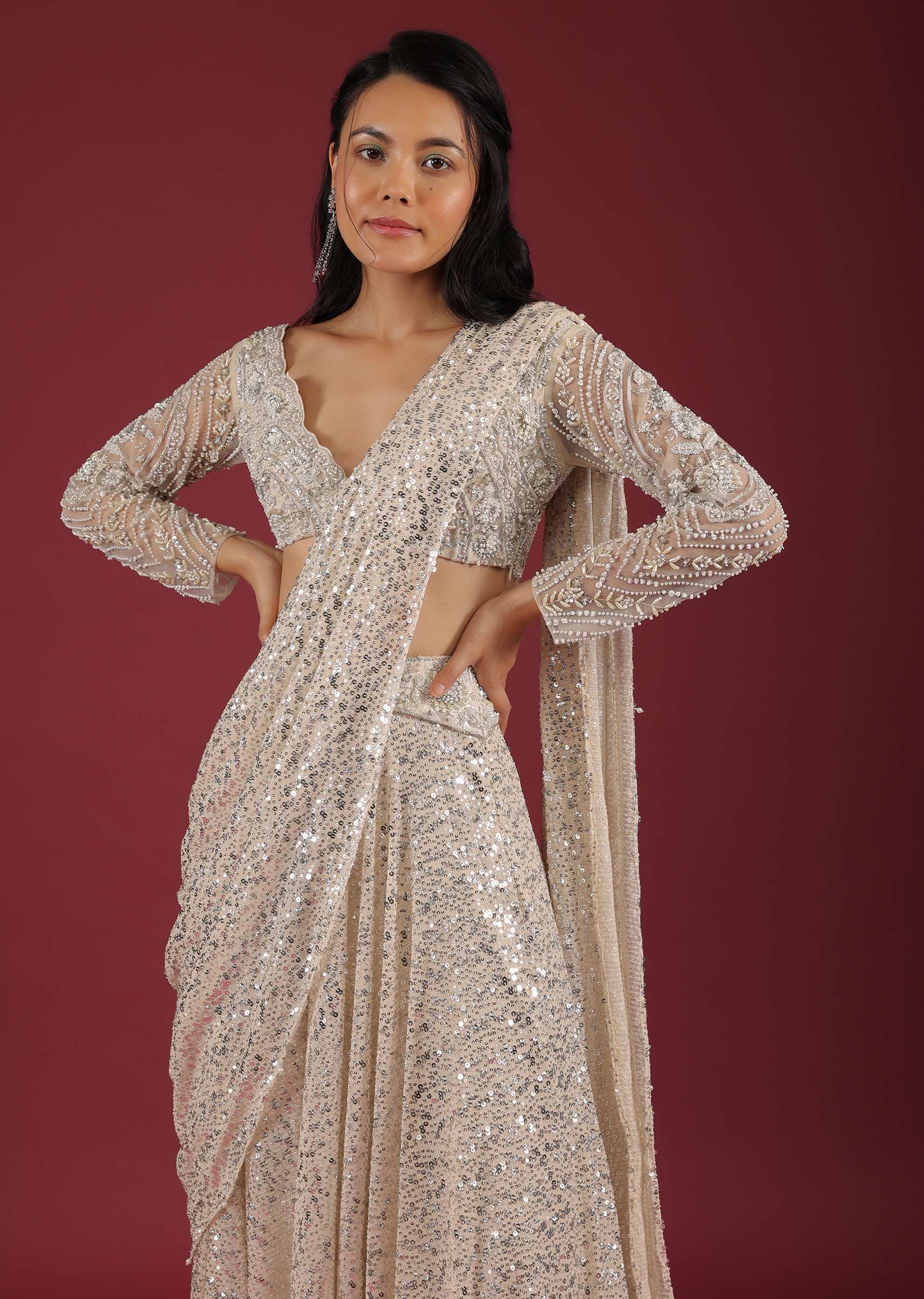 Sandshell Cream Palazzo Saree In Sequins Embroidery - Image 4