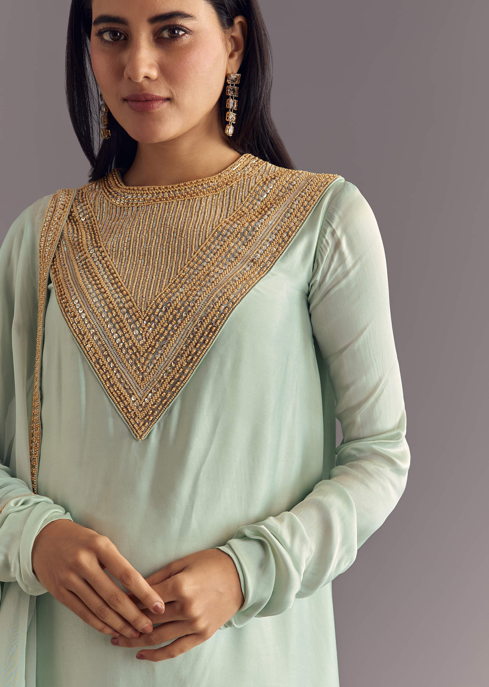 Satin Asymmetrical Kurta Set With Moti And Sequins Dupatta - Image 4