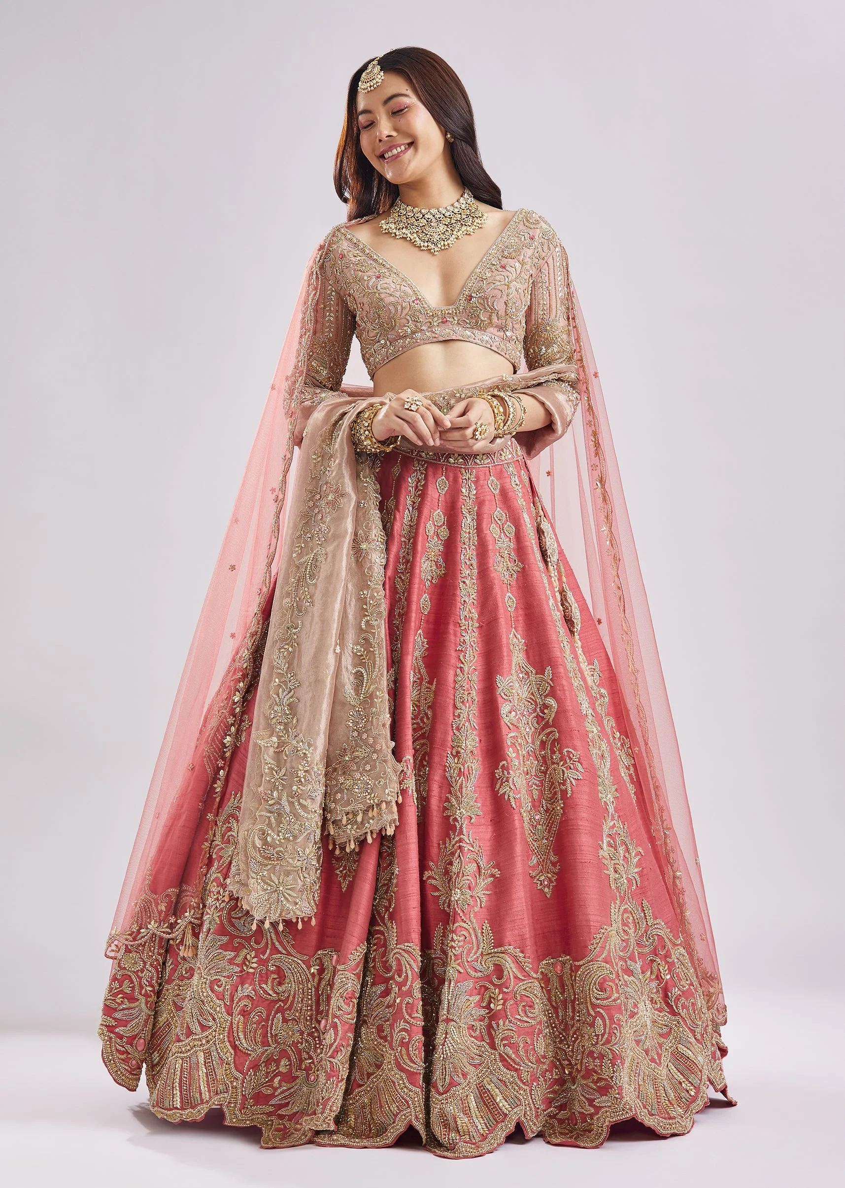 Scalloped Pink Lehenga With Dual Blouses