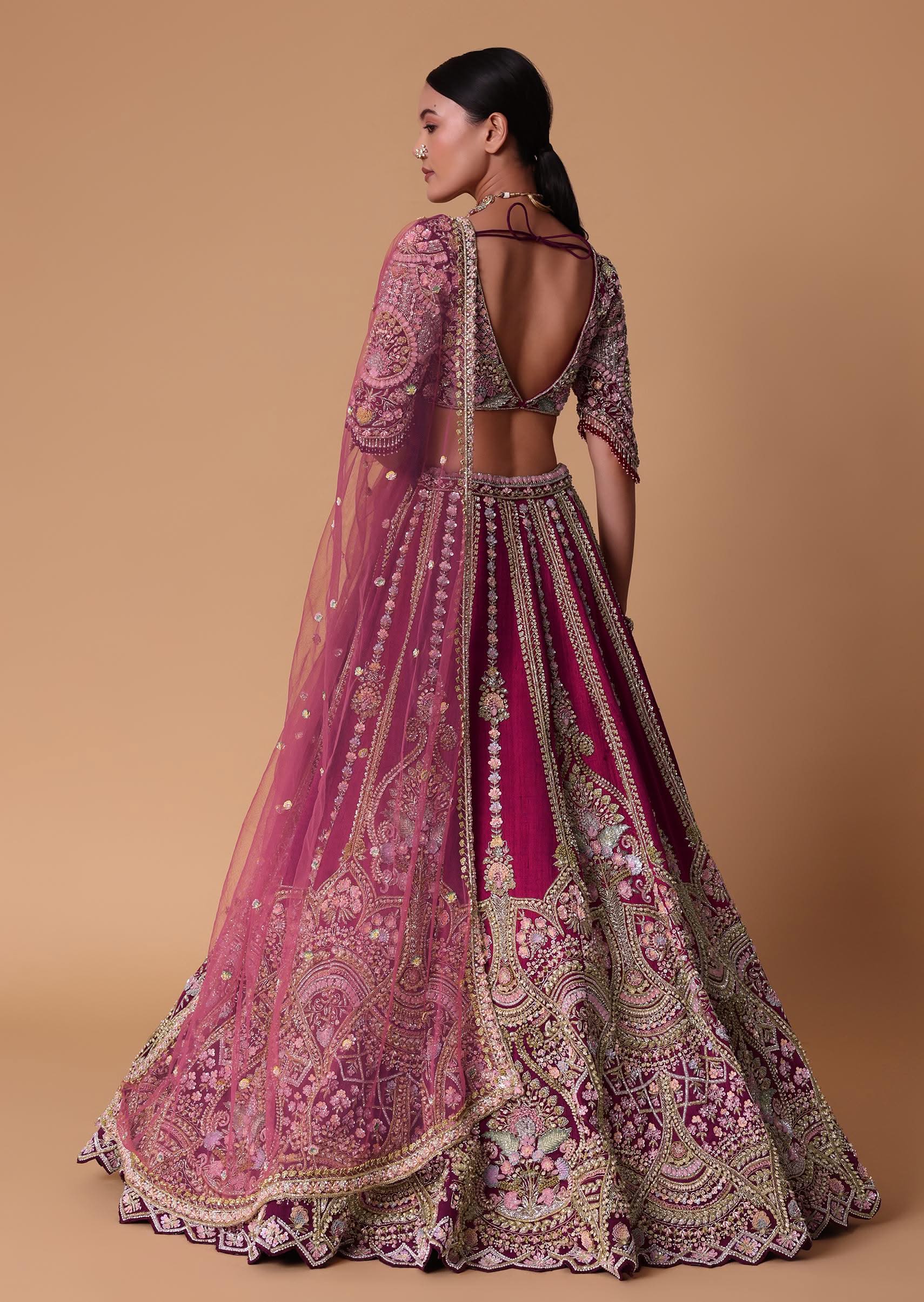 Scarlet Red Raw Silk 16 Kali Zardosi Lehenga With Koti Style Blouse Set - Image 7