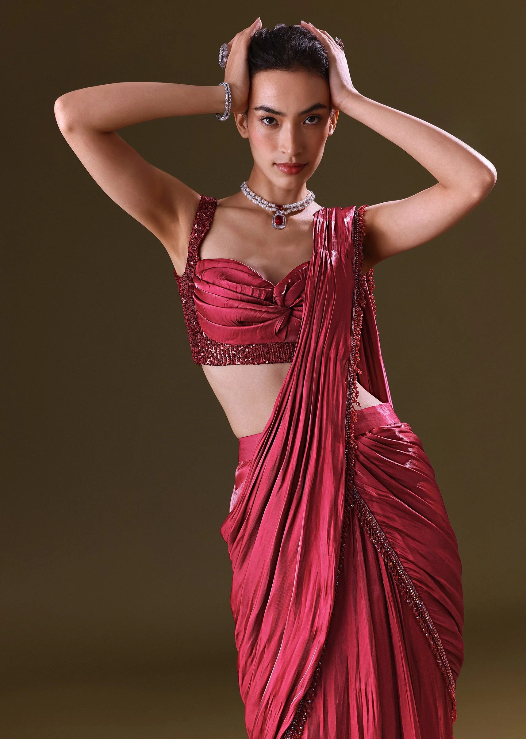 Scarlet Red Fancy Organza Pre Stitched Saree With Pre Pleated Blouse - Image 2