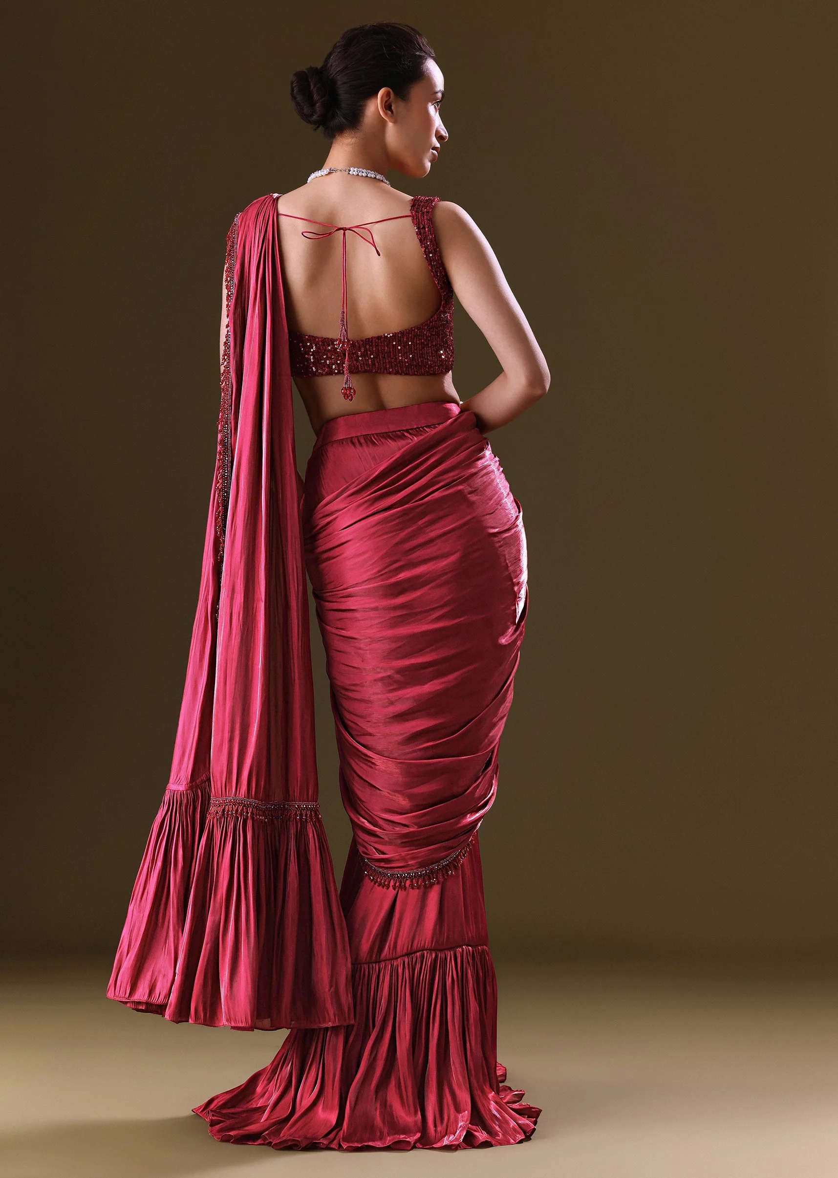 Scarlet Red Fancy Organza Pre Stitched Saree With Pre Pleated Blouse - Image 5