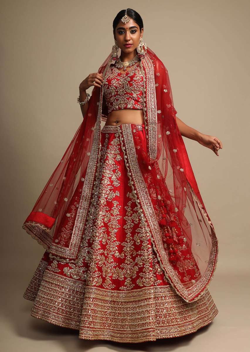 Scarlet Red Lehenga Choli In Raw Silk With Zari Embroidered Feminine Floral Kalis - Image 3