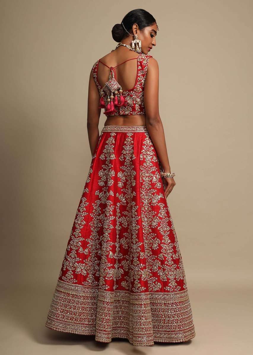 Scarlet Red Lehenga Choli In Raw Silk With Zari Embroidered Feminine Floral Kalis - Image 5