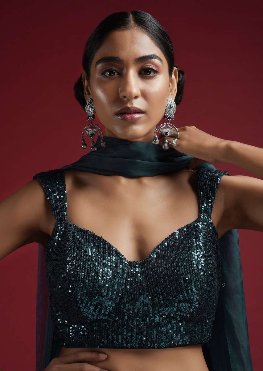 Sea Blue Blouse Embellished In Sequins With Tapering Straps On The Shoulders And Corset Neckline - Image 2