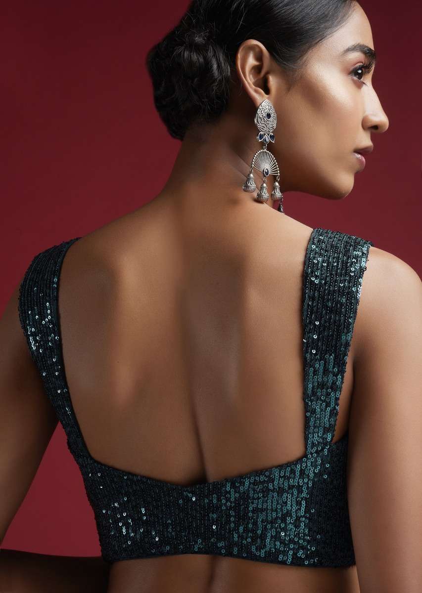 Sea Blue Blouse Embellished In Sequins With Tapering Straps On The Shoulders And Corset Neckline - Image 3
