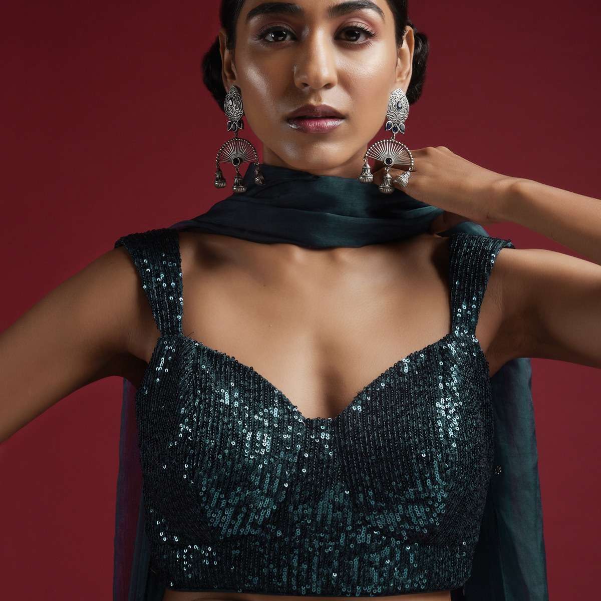 Sea Blue Blouse Embellished In Sequins With Tapering Straps On The Shoulders And Corset Neckline - Image 4