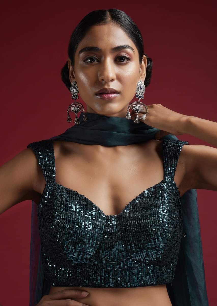 Sea Blue Blouse Embellished In Sequins With Tapering Straps On The Shoulders And Corset Neckline - Image 5