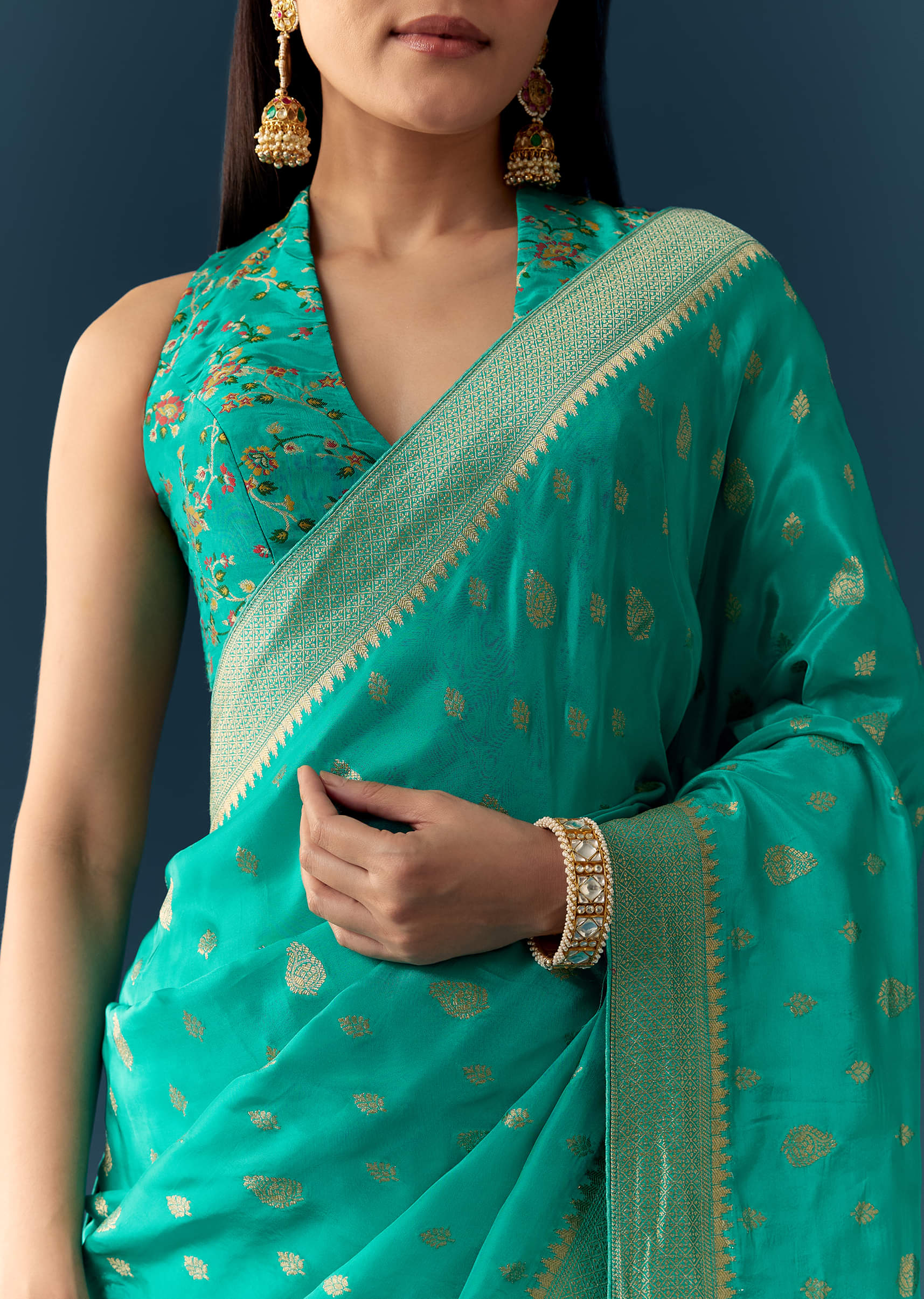 Sea Blue Dola Silk Saree with Woven Border and Unstitched Blouse - Image 2