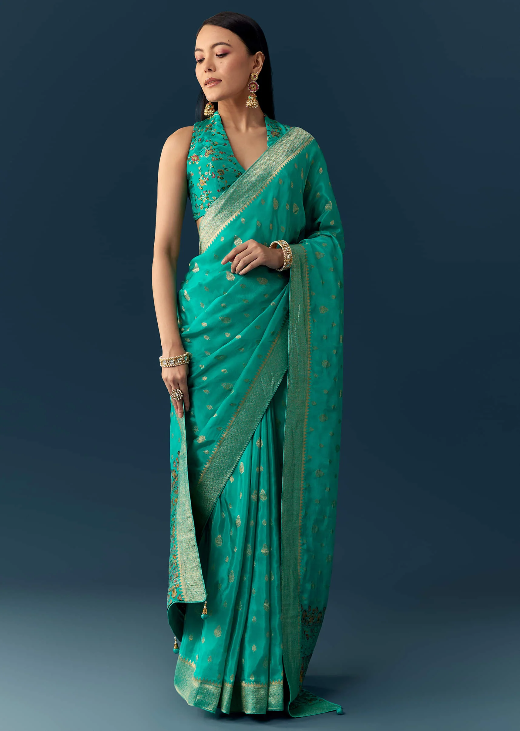 Sea Blue Dola Silk Saree with Woven Border and Unstitched Blouse - Image 3