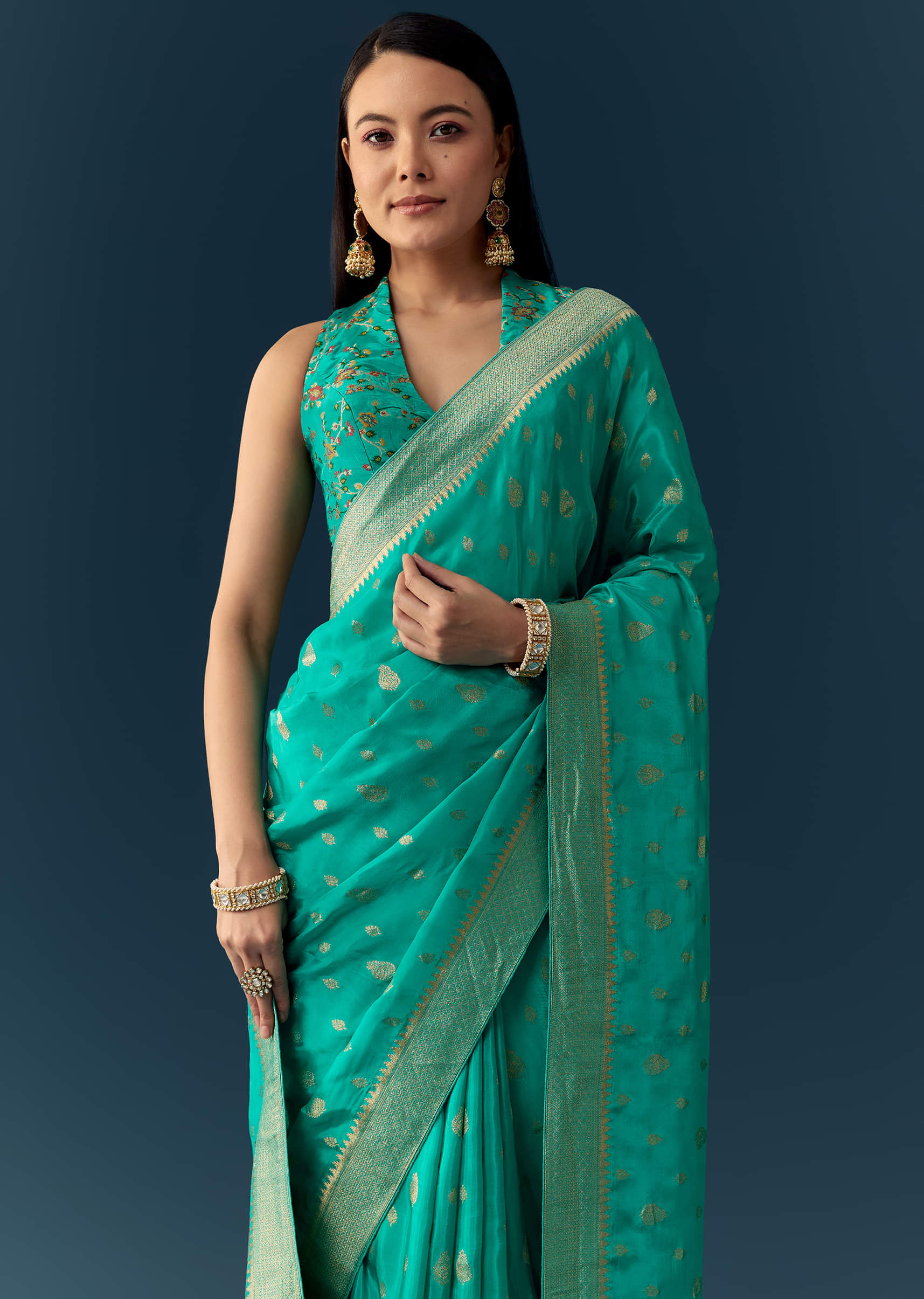 Sea Blue Dola Silk Saree with Woven Border and Unstitched Blouse - Image 5
