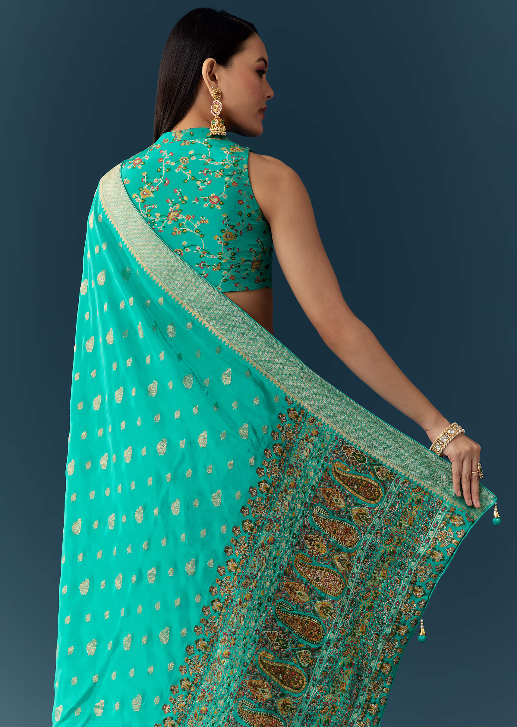 Sea Blue Dola Silk Saree with Woven Border and Unstitched Blouse - Image 6