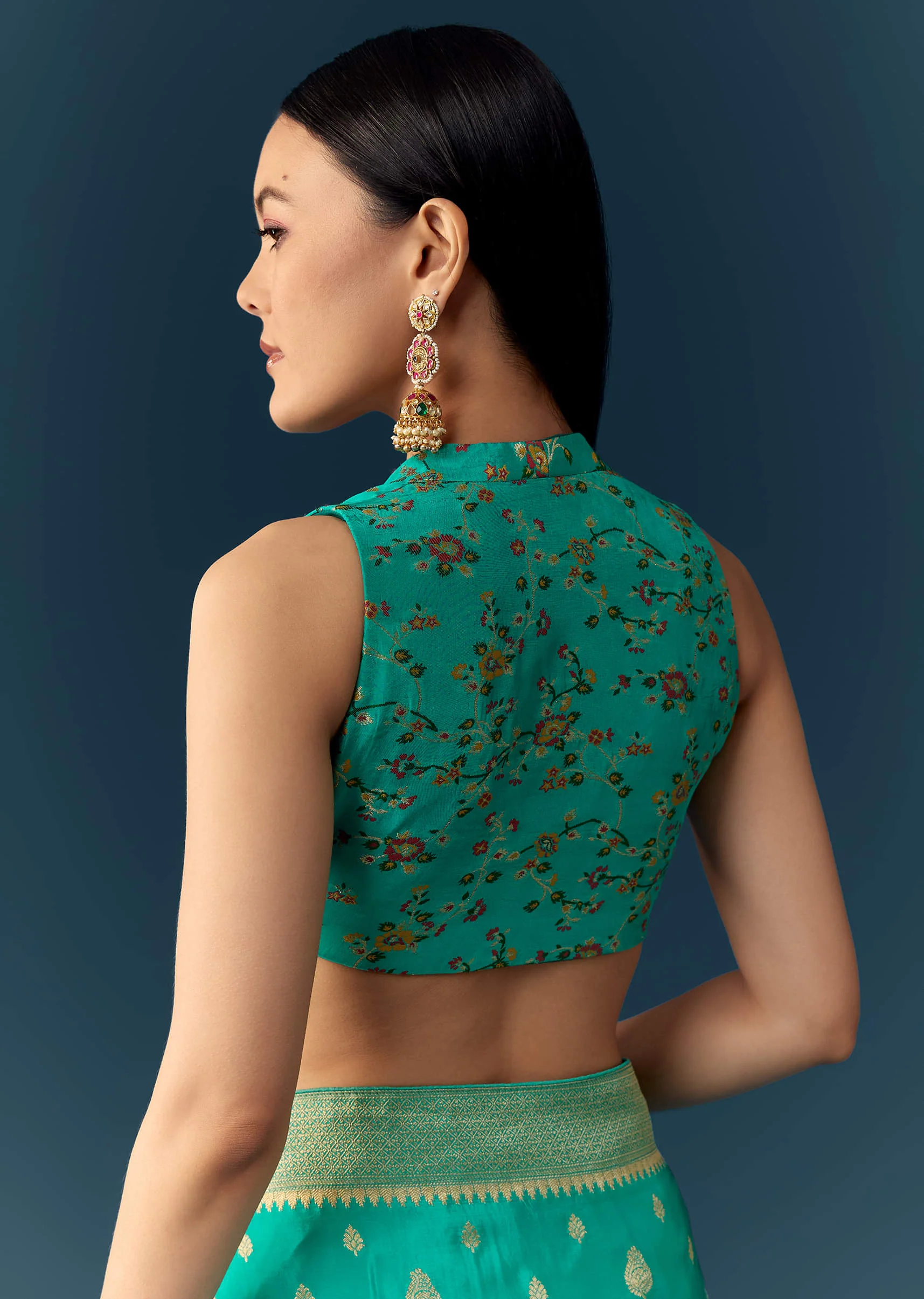 Sea Blue Dola Silk Saree with Woven Border and Unstitched Blouse - Image 8