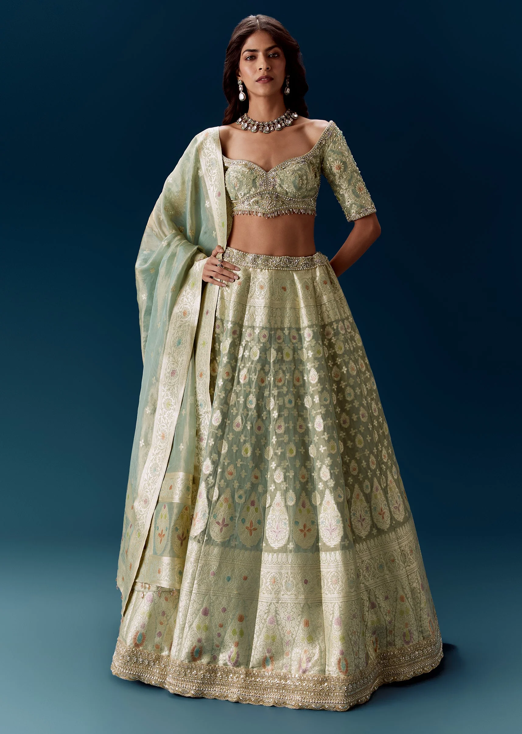 Sea Green Banarasi Embroidered Bridal Lehenga With Dupatta - Image 4