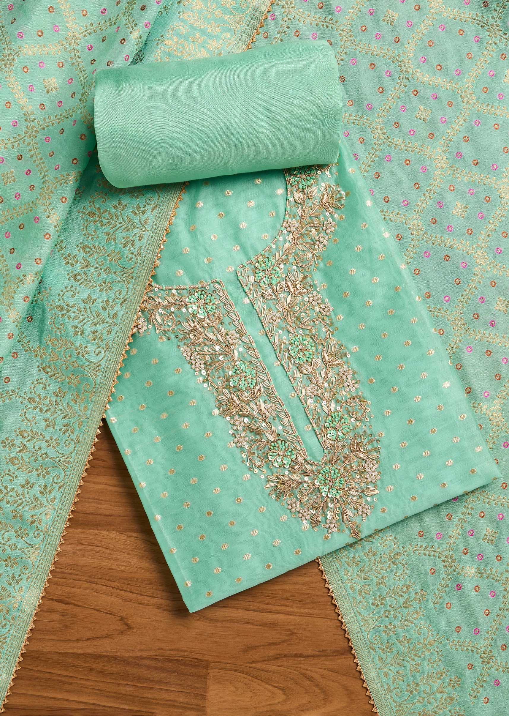 Sea Green Chanderi Unstitched Suit With Dupatta