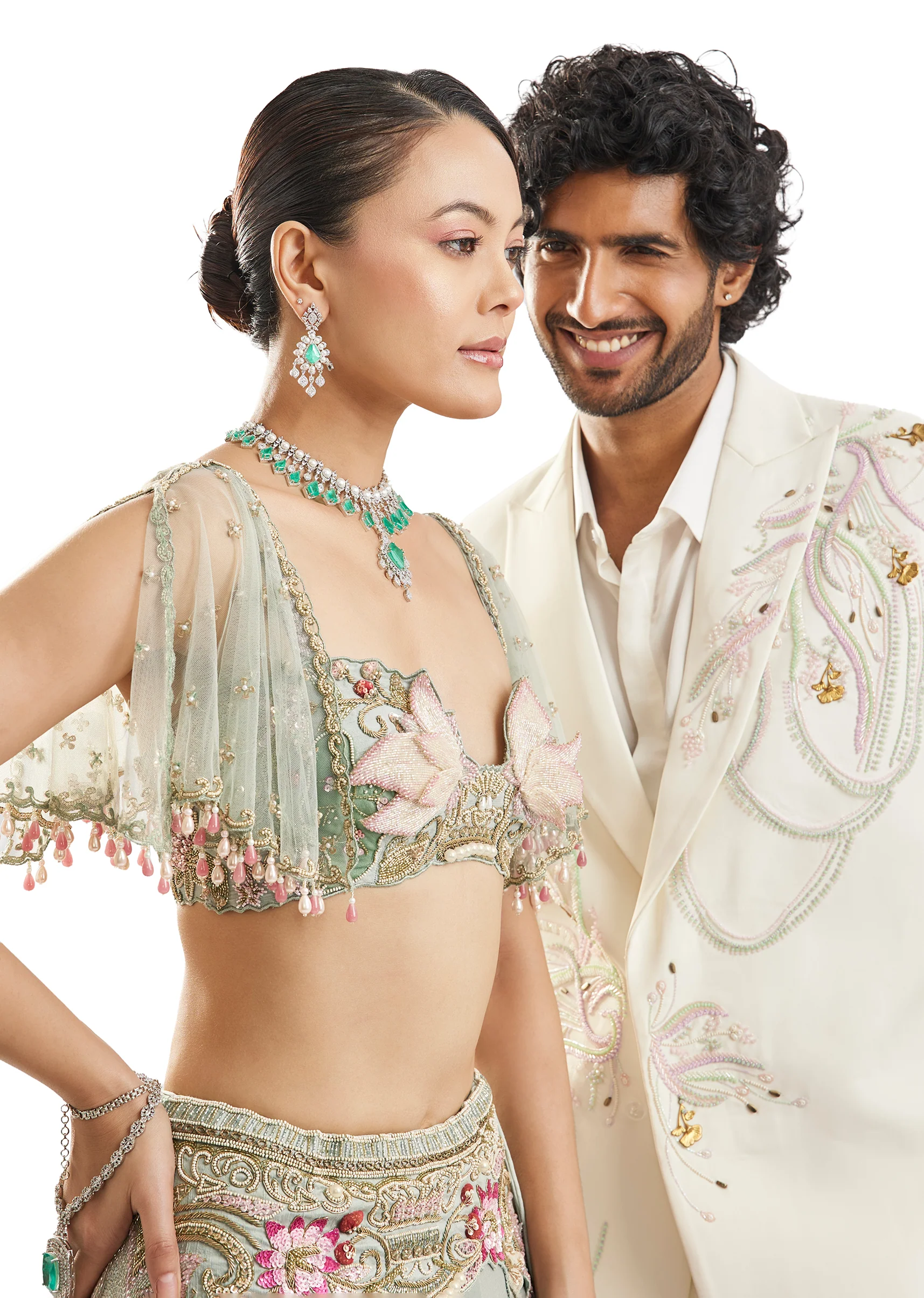 Sea Green & Classic White Duo — Lehenga For Her And Blazer Set For Him - Image 4