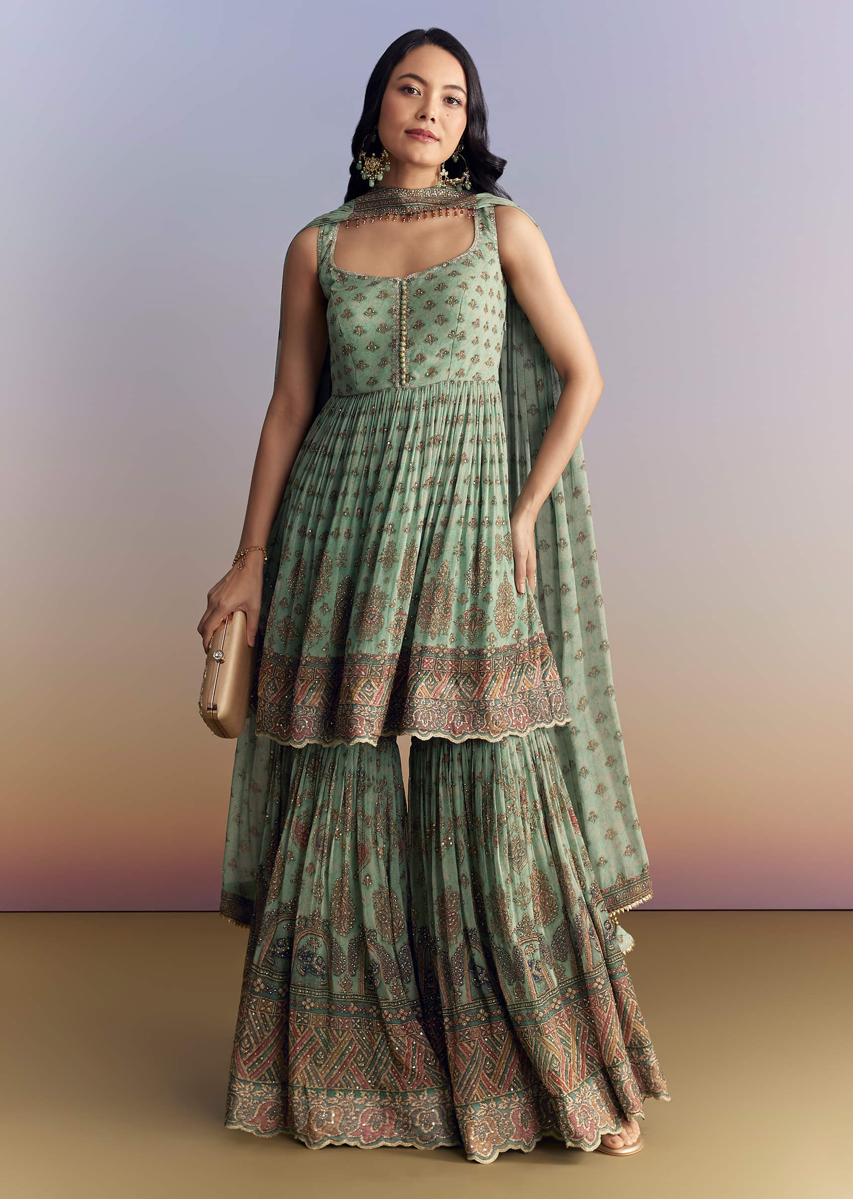 Sea Green Crepe Sharara Suit With Indie Print And Stone Work - Image 3