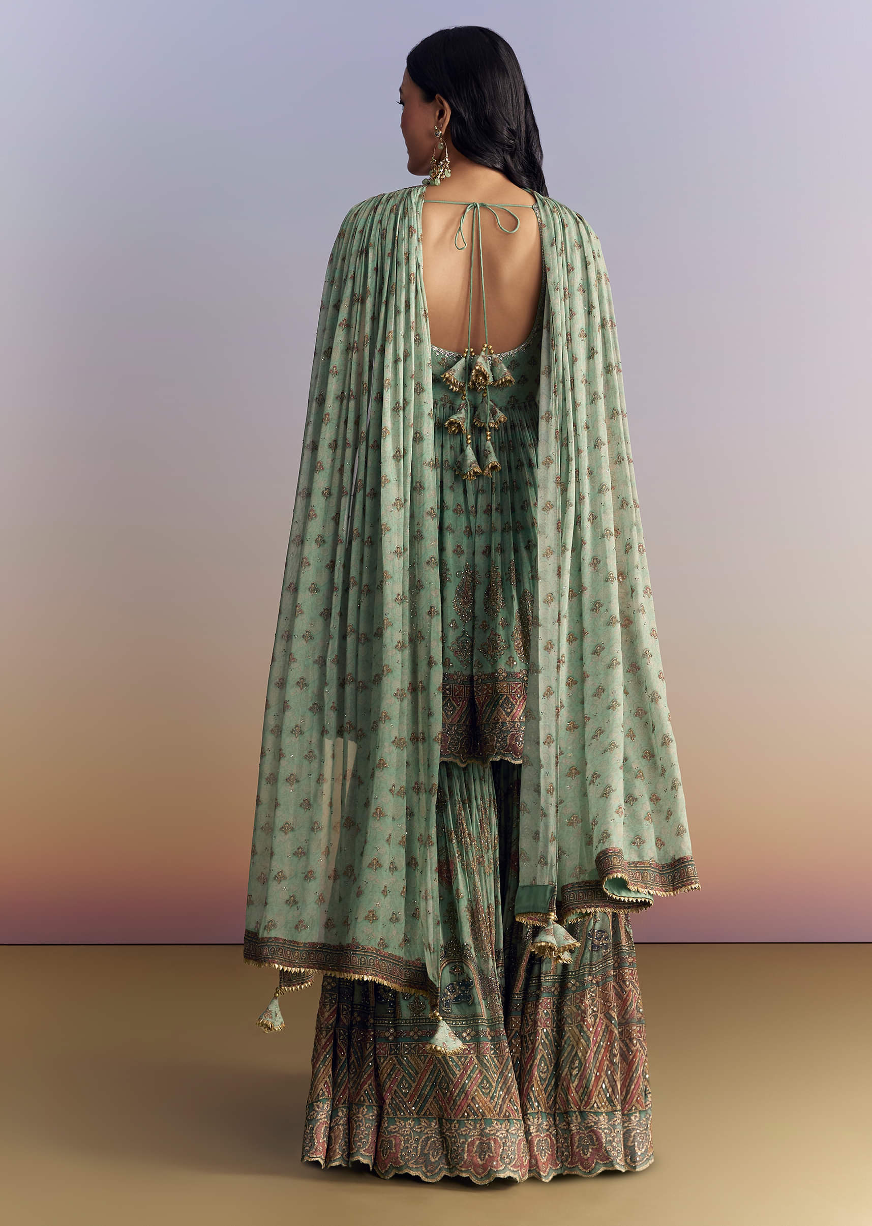 Sea Green Crepe Sharara Suit With Indie Print And Stone Work - Image 5