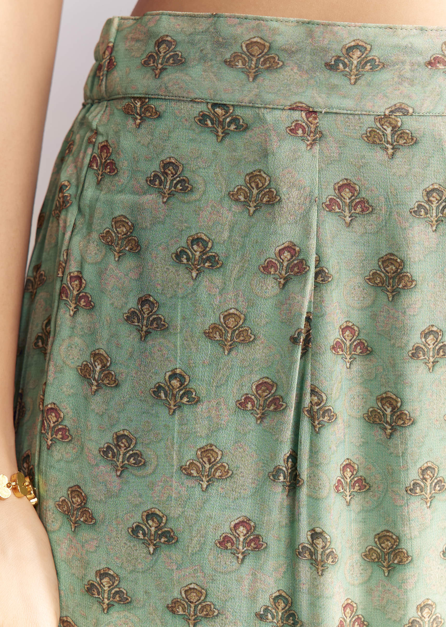 Sea Green Crepe Sharara Suit With Indie Print And Stone Work - Image 6