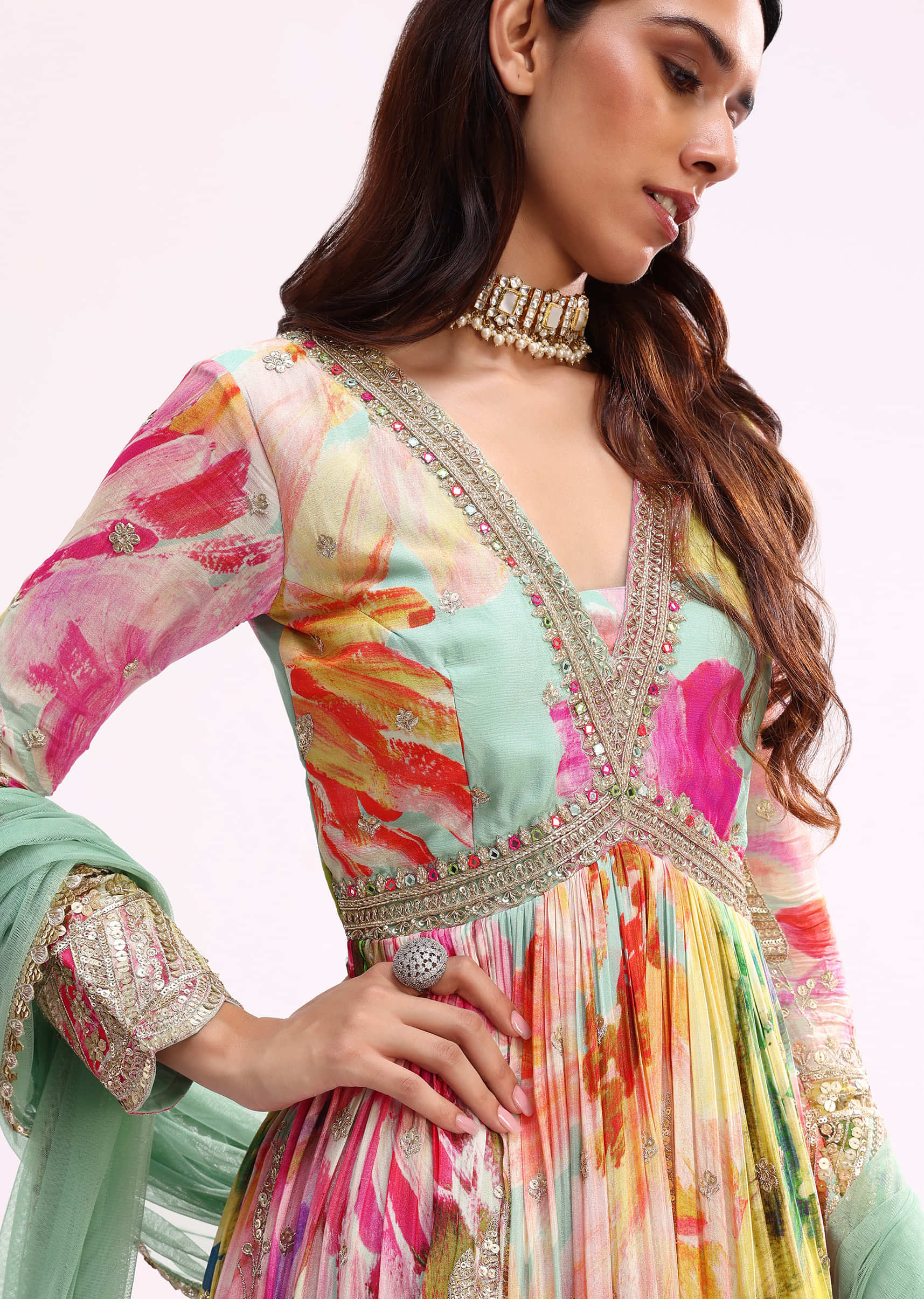 Sea Green Embroidered Chiffon Anarkali Set - Image 2