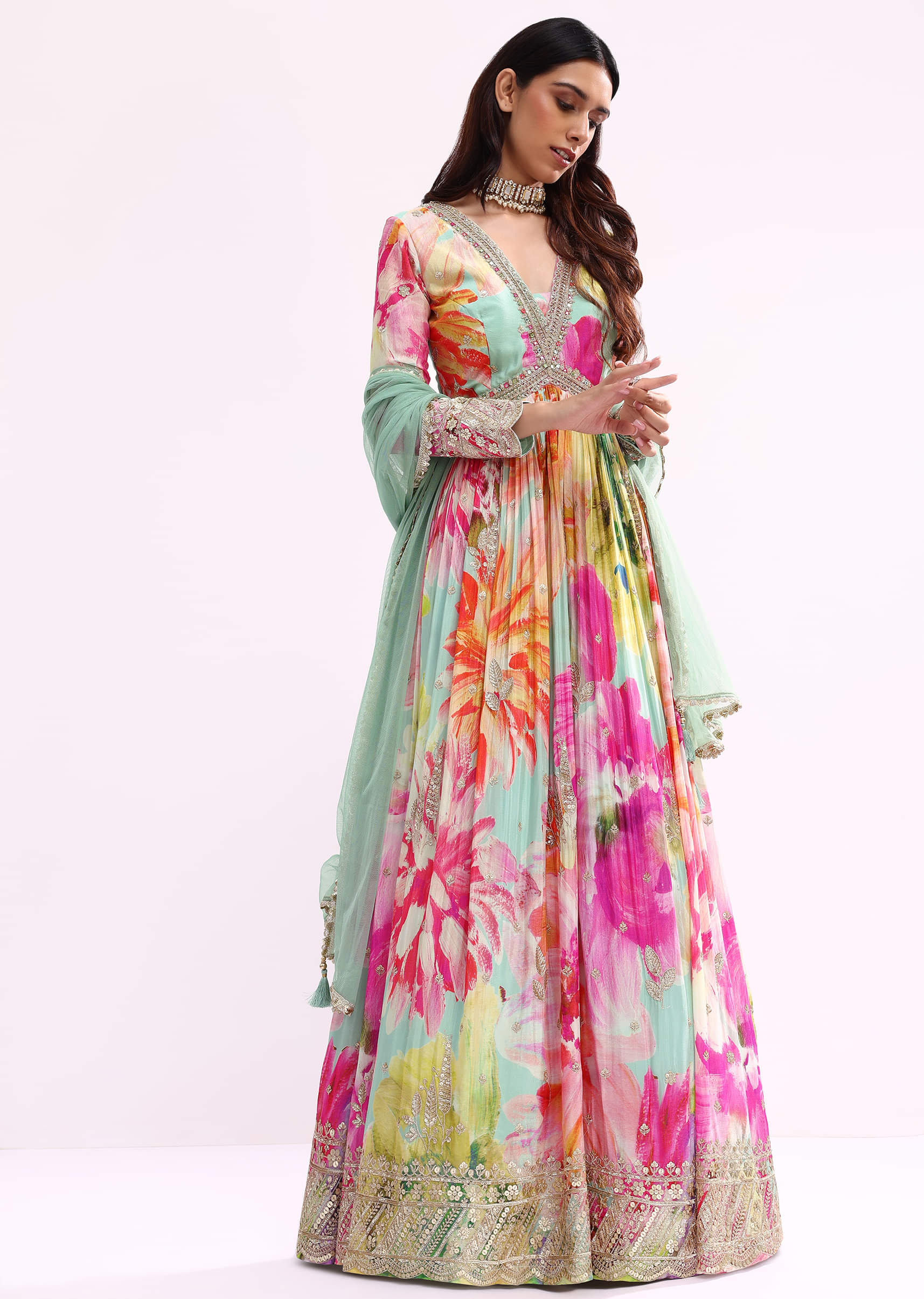 Sea Green Embroidered Chiffon Anarkali Set - Image 6