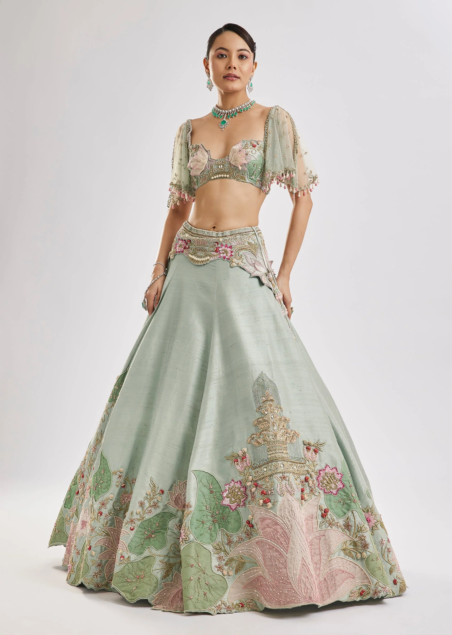 Sea Green Embroidered Lehenga Set With Cape