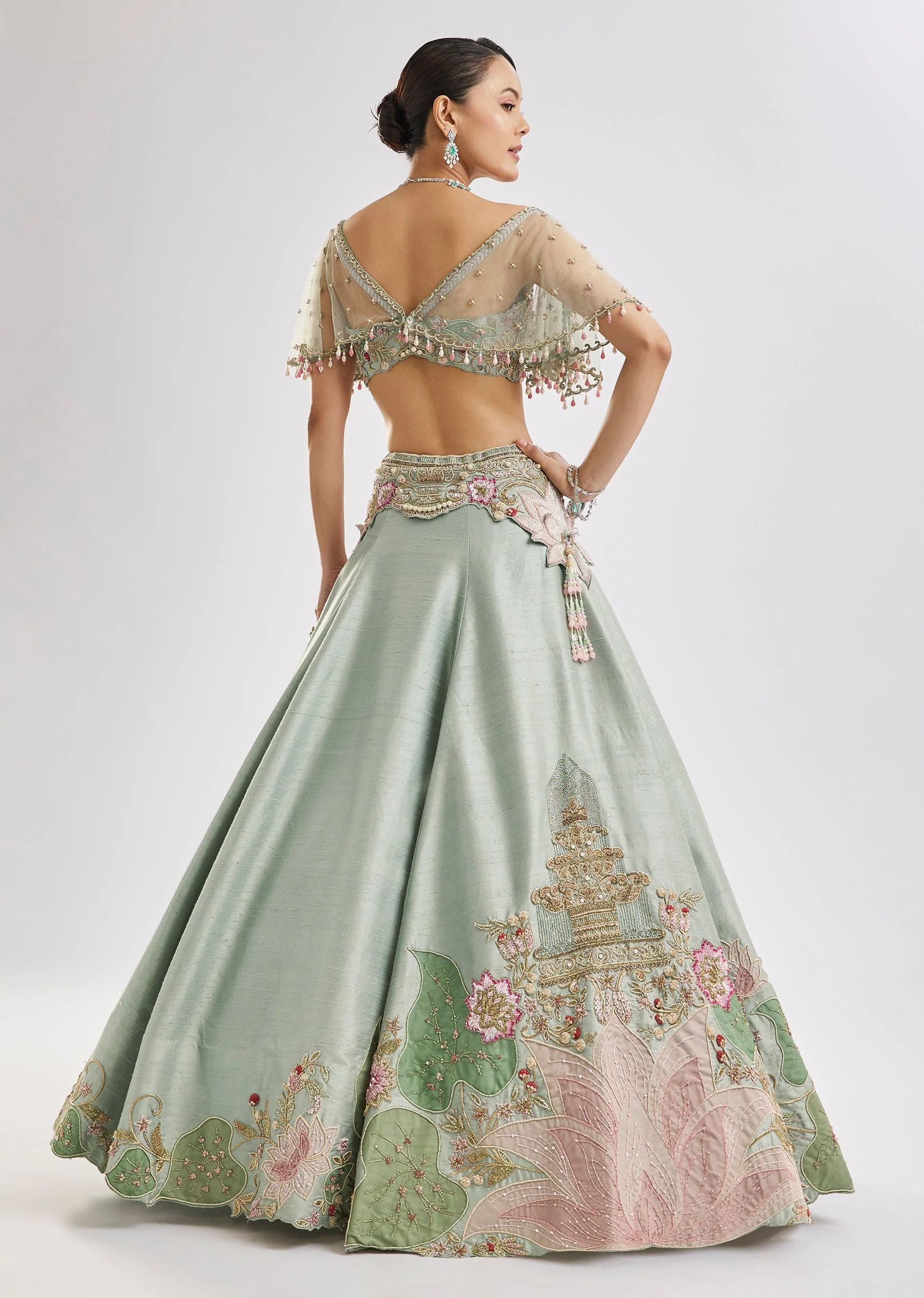 Sea Green Embroidered Lehenga Set With Cape - Image 5