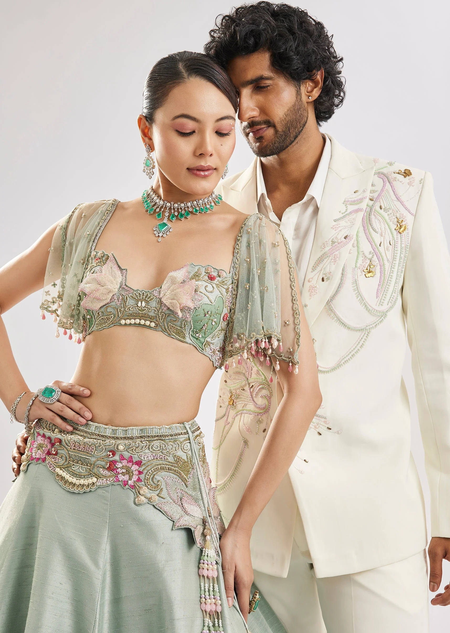 Sea Green Embroidered Lehenga Set With Cape - Image 7
