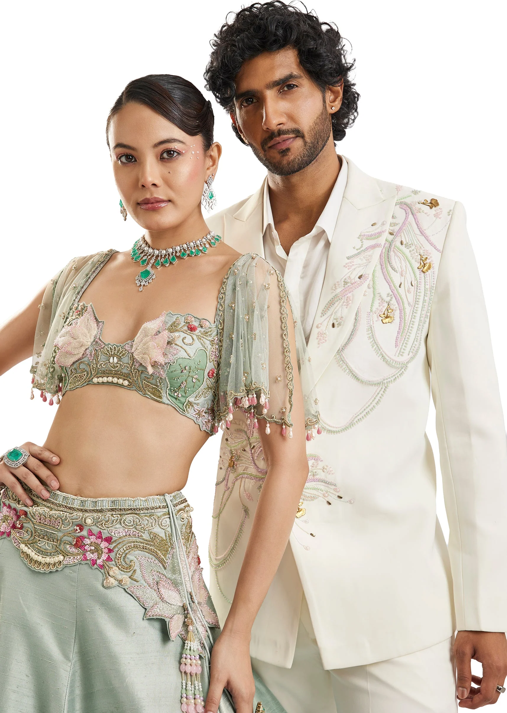 Sea Green Embroidered Lehenga Set With Cape - Image 8