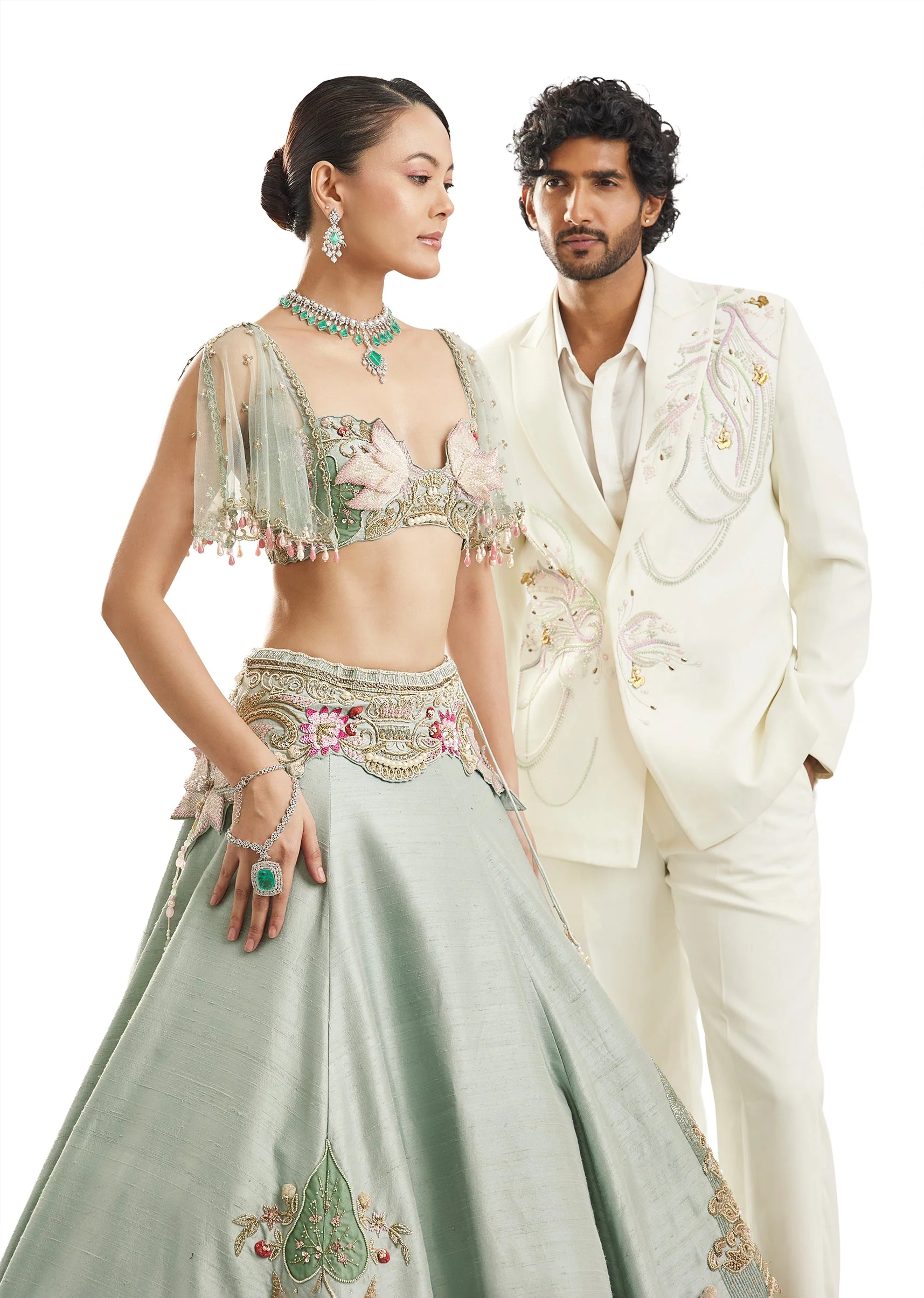 Sea Green Embroidered Lehenga Set With Cape - Image 9