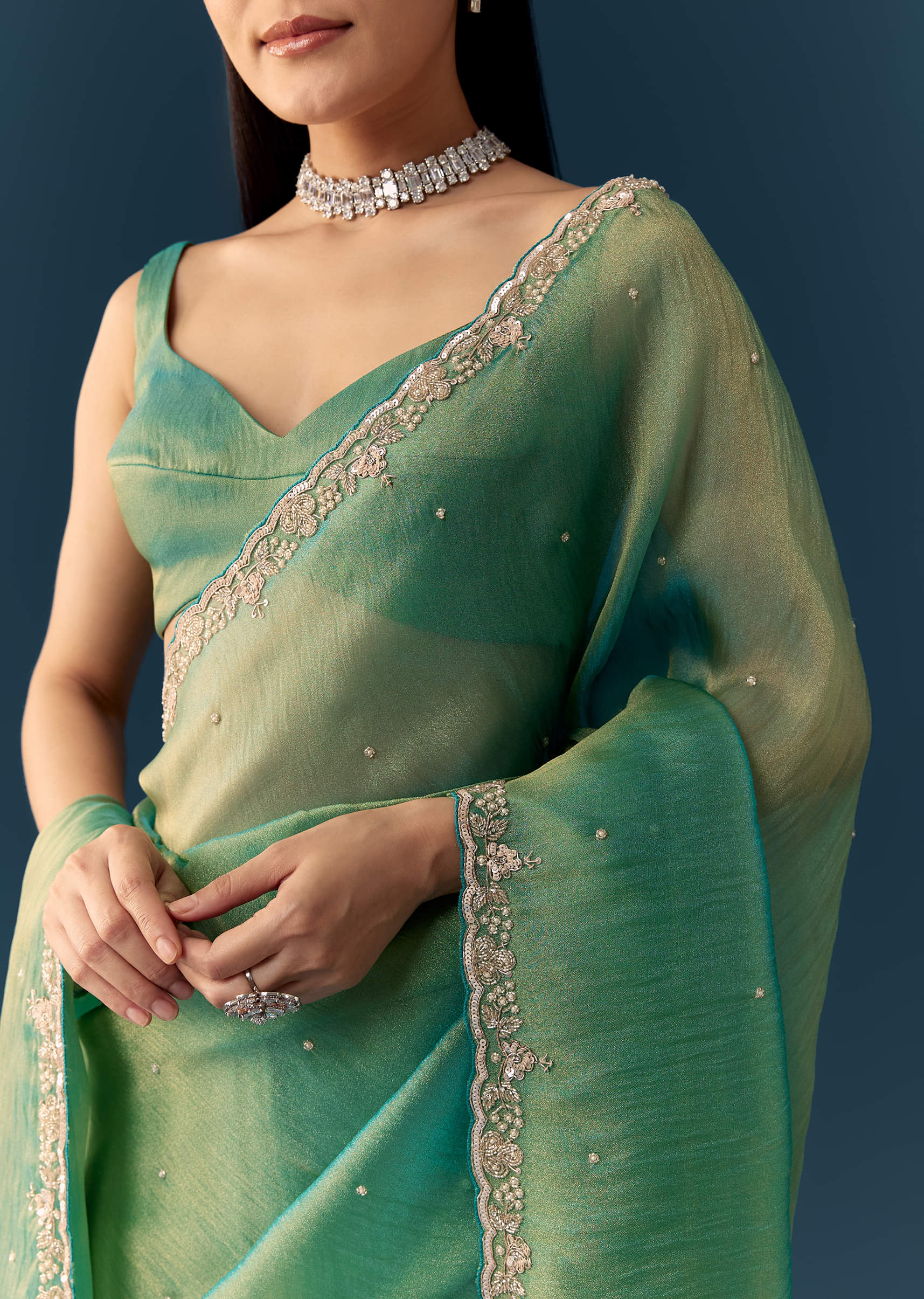 Sea Green Embroidered Tissue Saree with Unstitched Blouse - Image 2