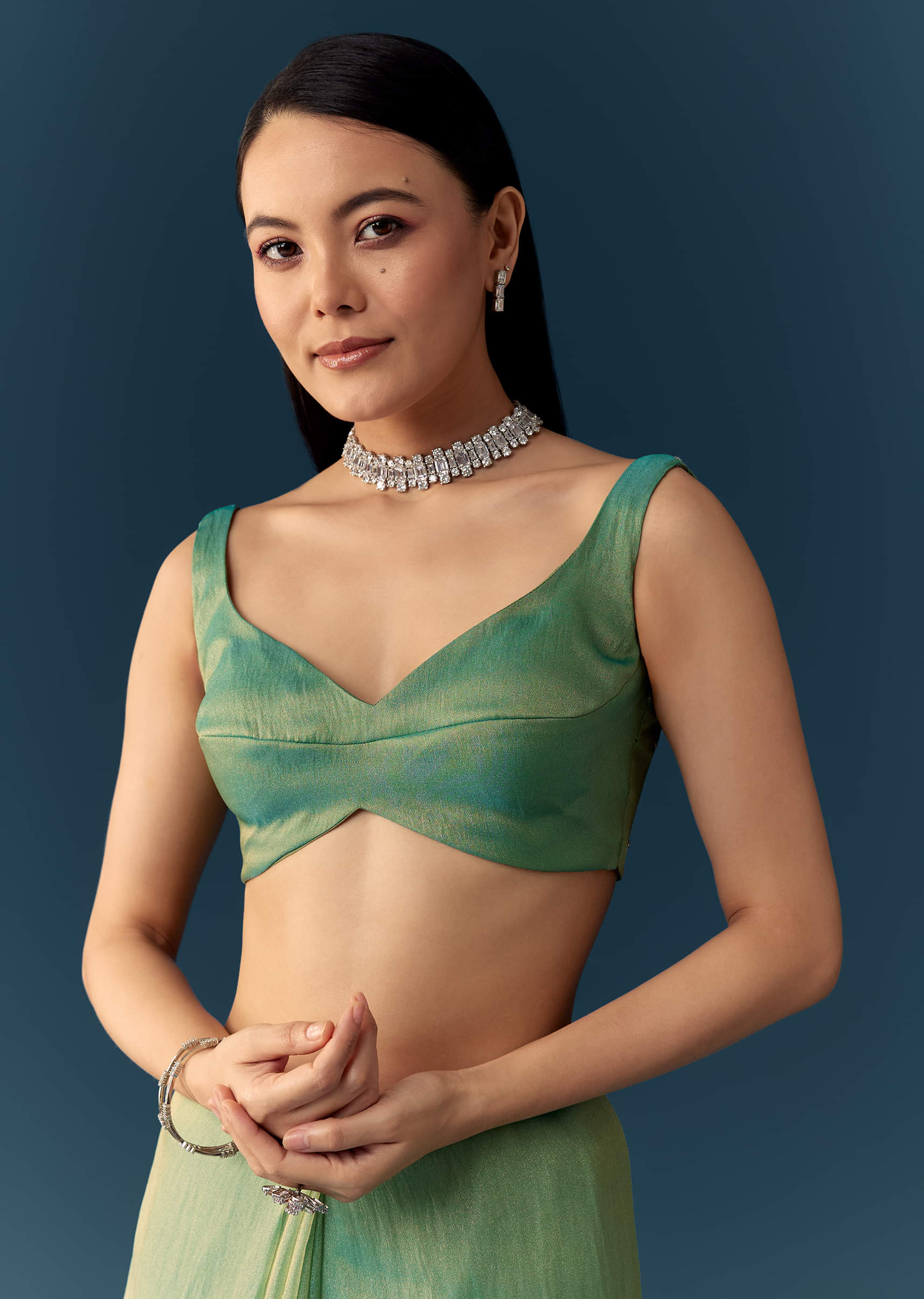 Sea Green Embroidered Tissue Saree with Unstitched Blouse - Image 7