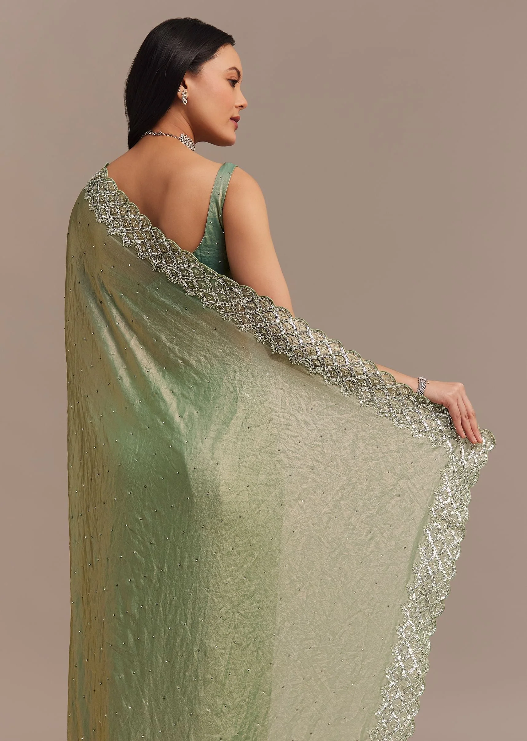 Sea Green Glass Tissue Saree With Cutdana And Stone Embroidery - Image 4