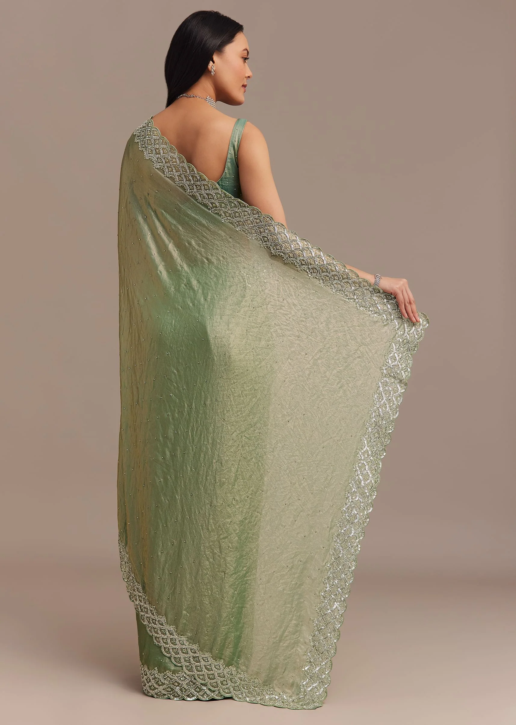 Sea Green Glass Tissue Saree With Cutdana And Stone Embroidery - Image 6
