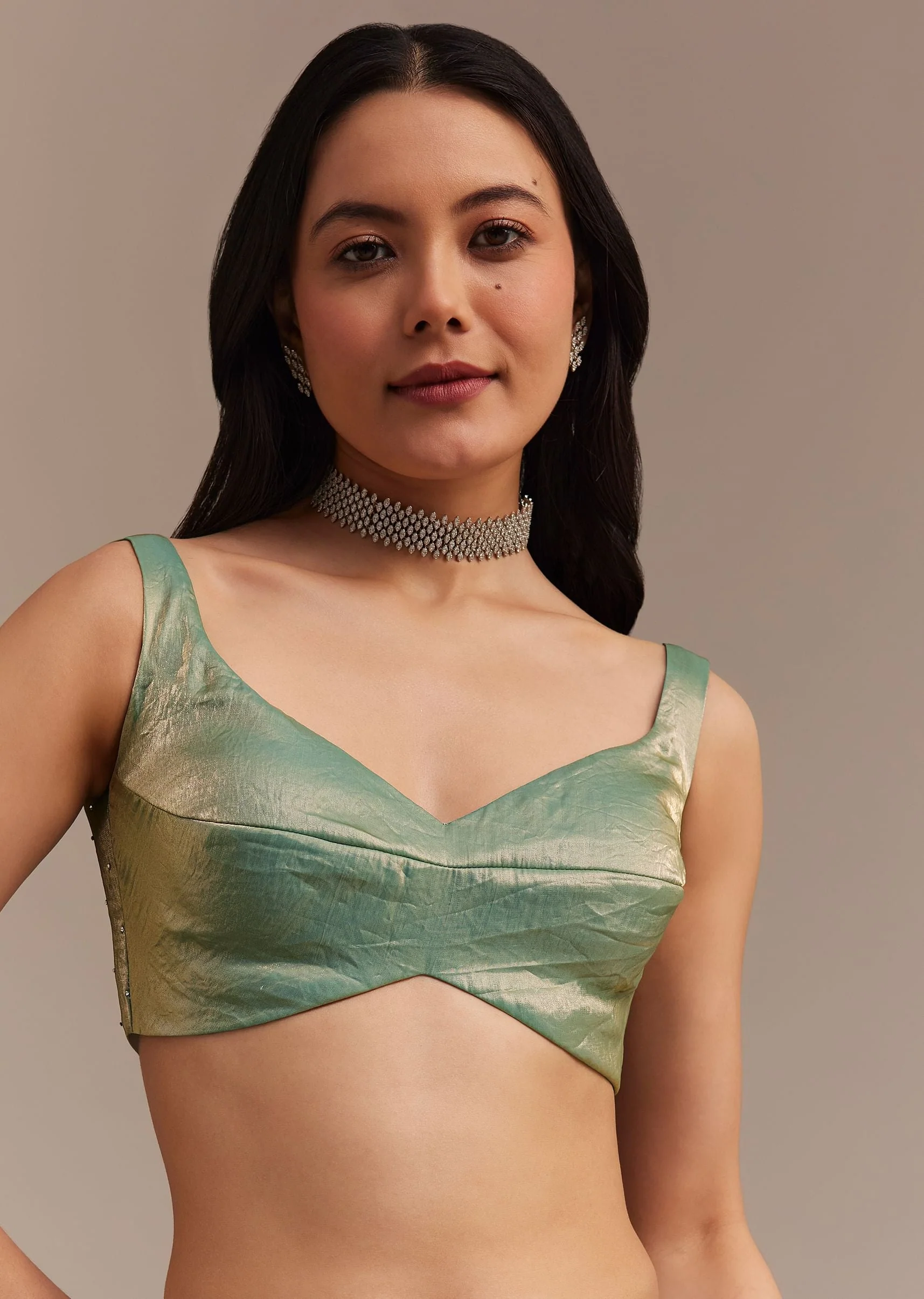 Sea Green Glass Tissue Saree With Cutdana And Stone Embroidery - Image 7