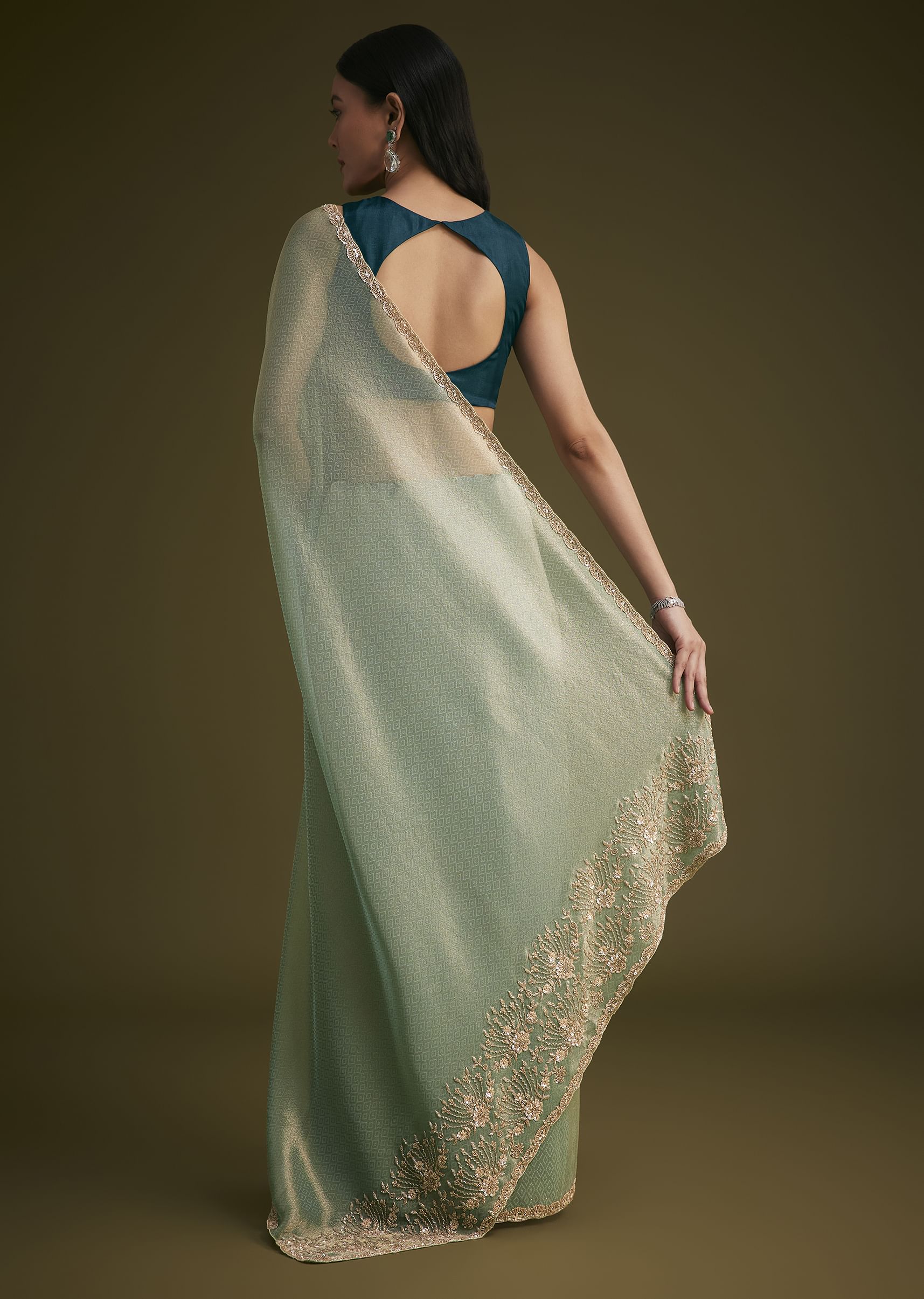 Sea Green Jacquard Sequins Saree With Cutdana Stones - Image 6