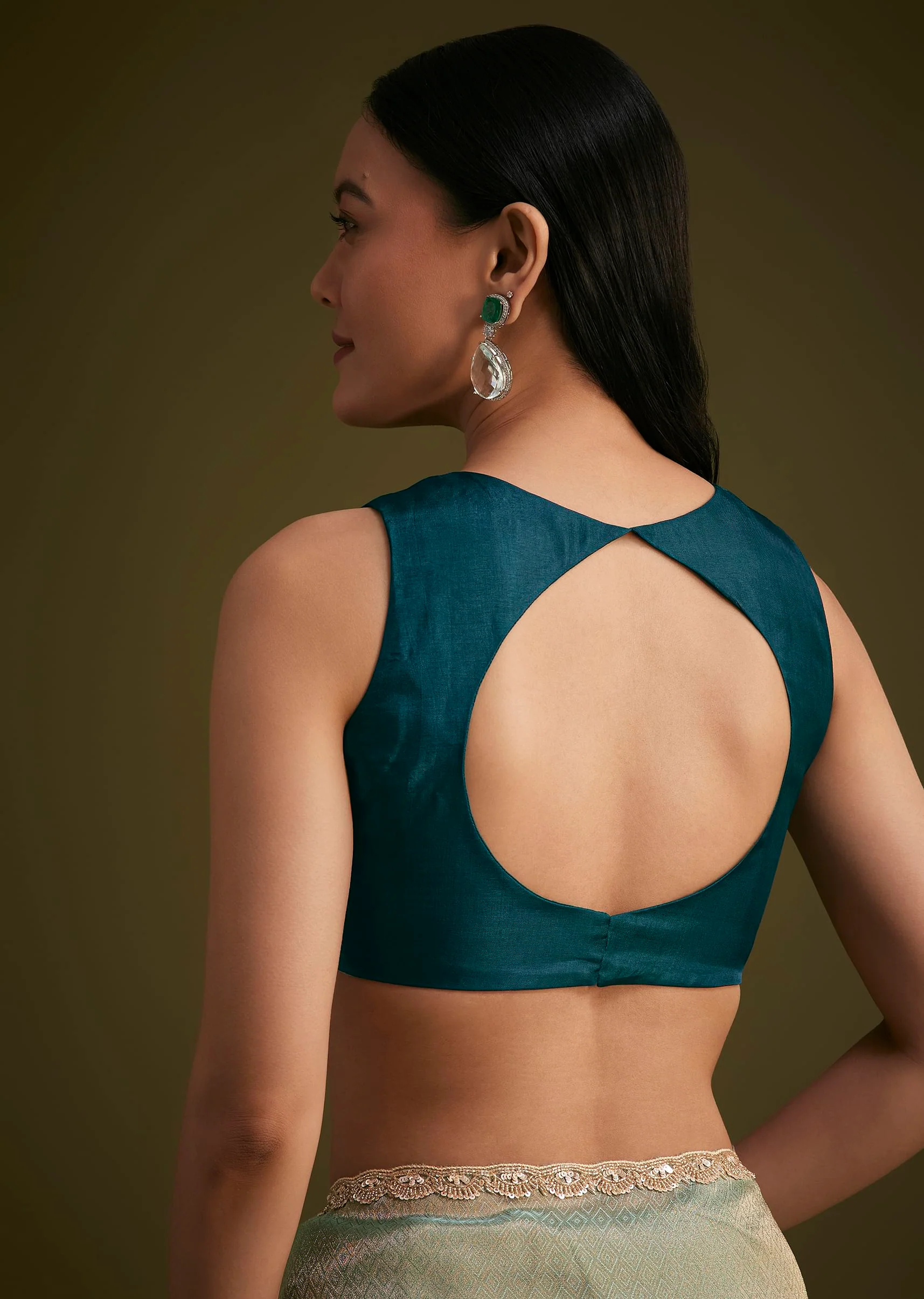 Sea Green Jacquard Sequins Saree With Cutdana Stones - Image 8