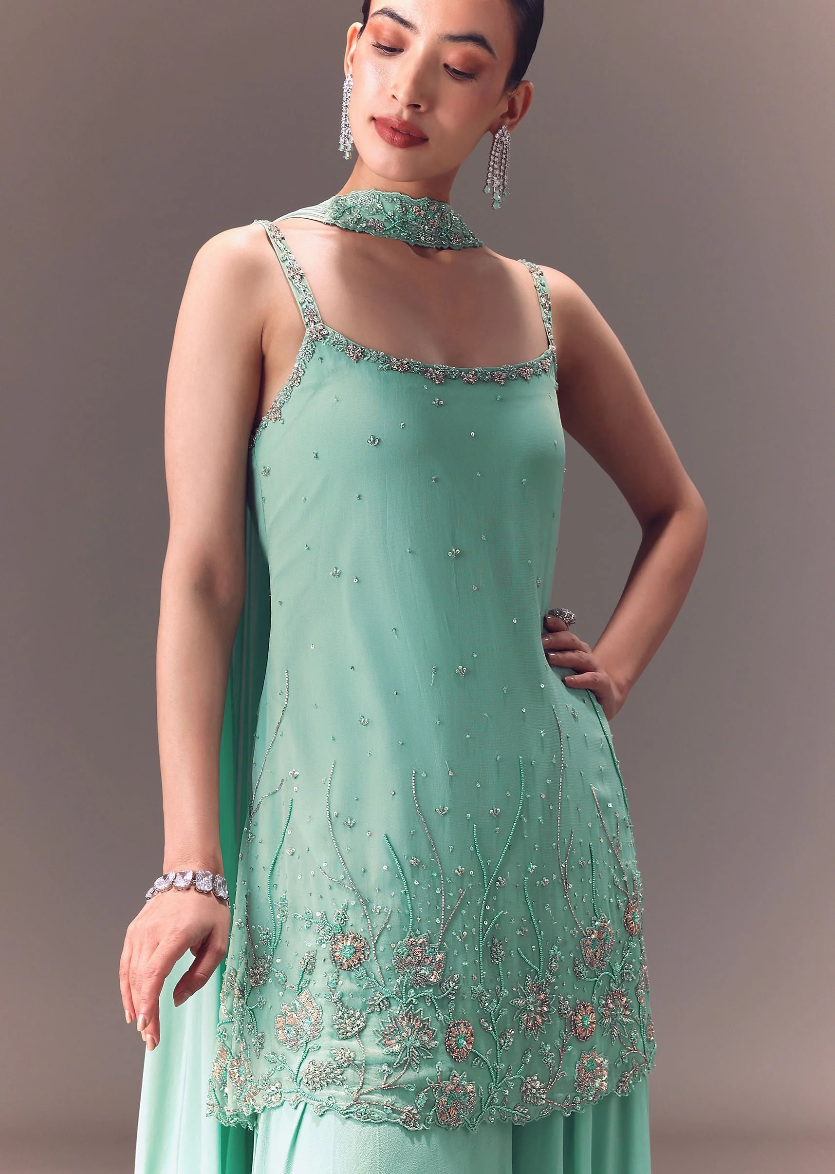 Sea Green Kurta Sharara Set With Choker Dupatta - Image 4