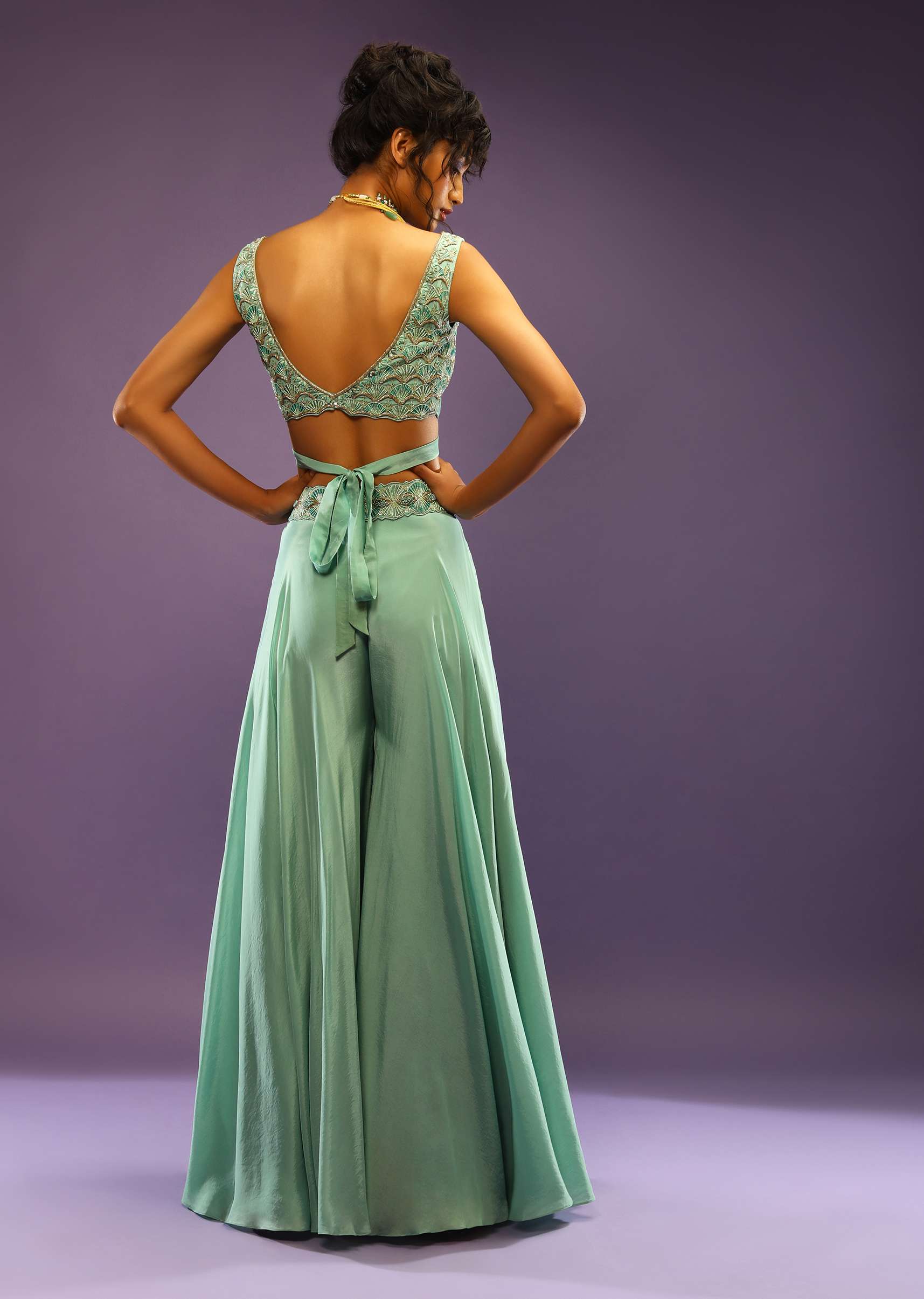 Sea Green Palazzo And Crop Top With Wrap Around Straps And Shaded Green Bead Work In Scallop Motifs - Image 5