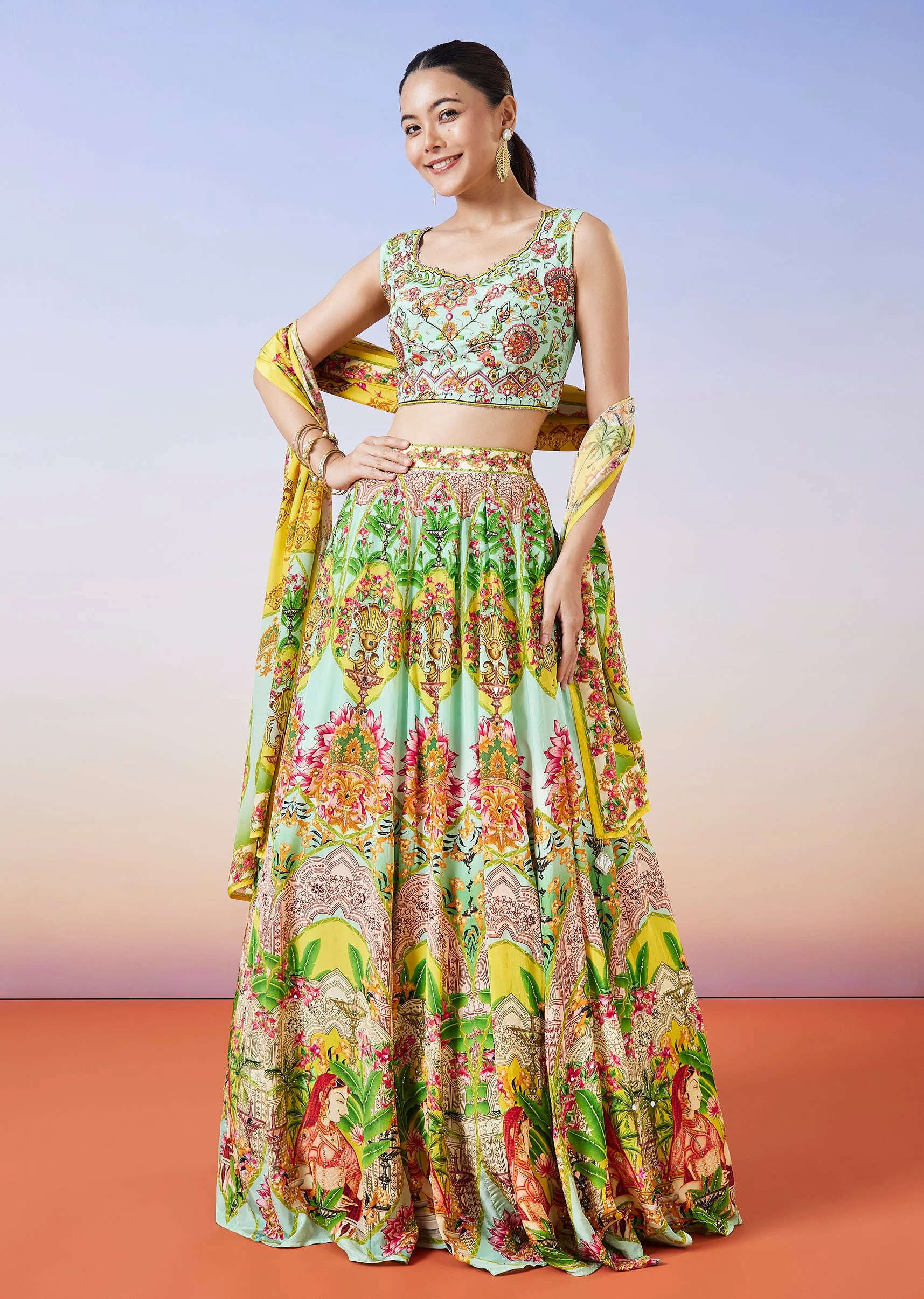 Sea Green Printed Lehenga With Dupatta
