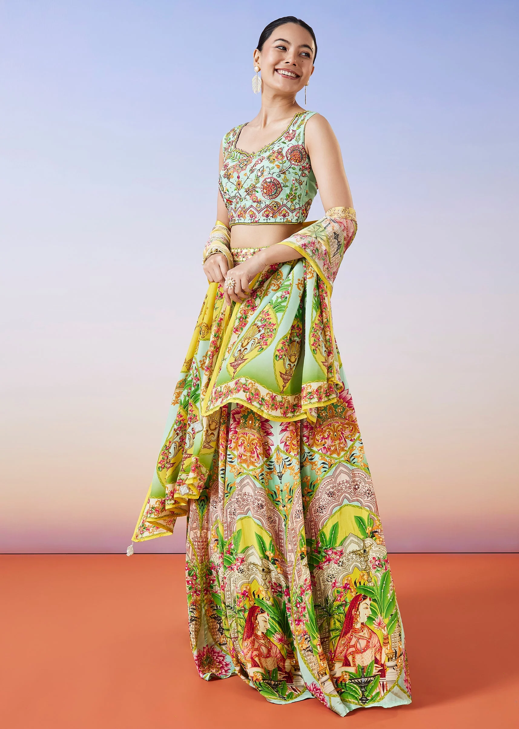 Sea Green Printed Lehenga With Dupatta - Image 4