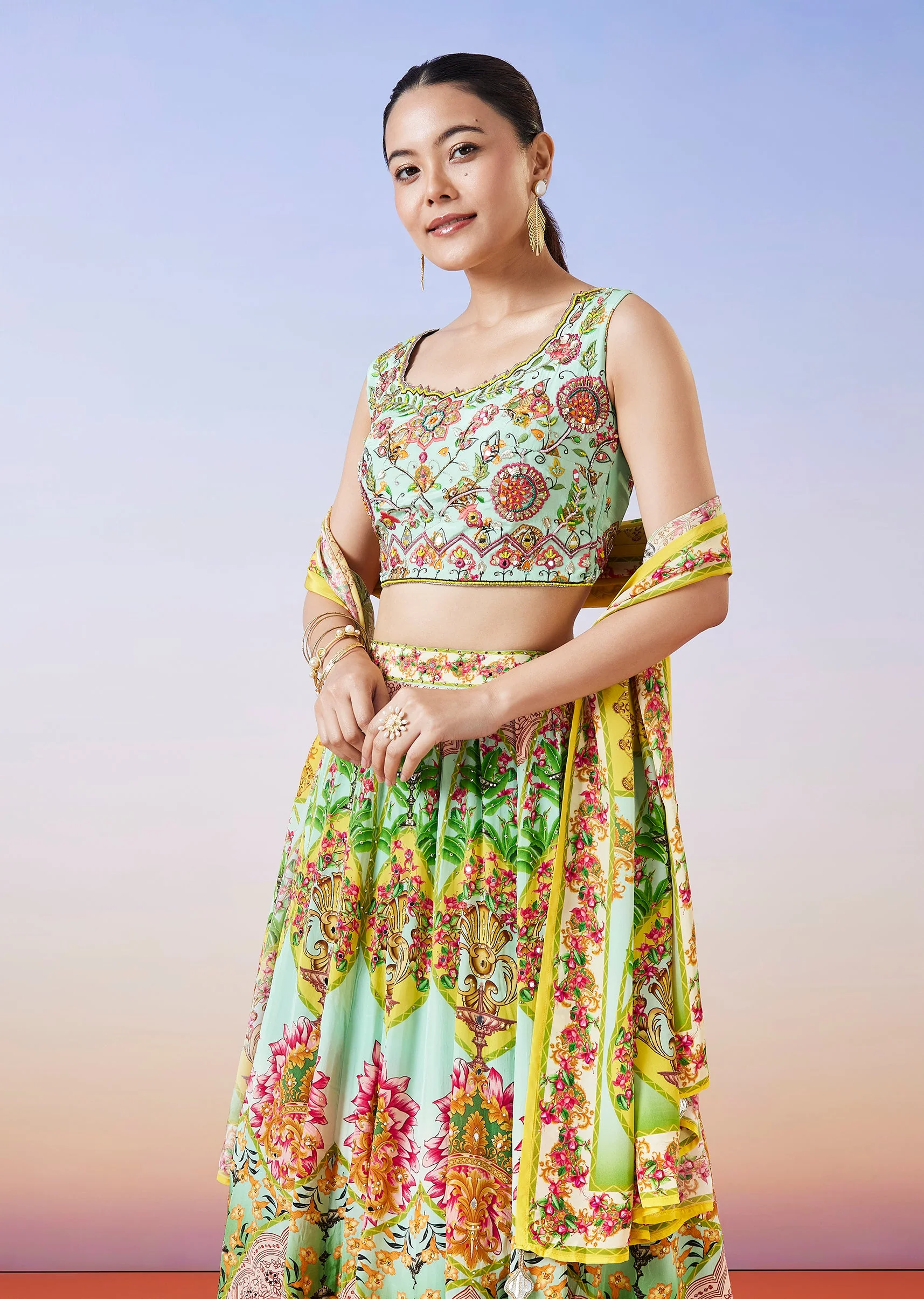Sea Green Printed Lehenga With Dupatta - Image 5