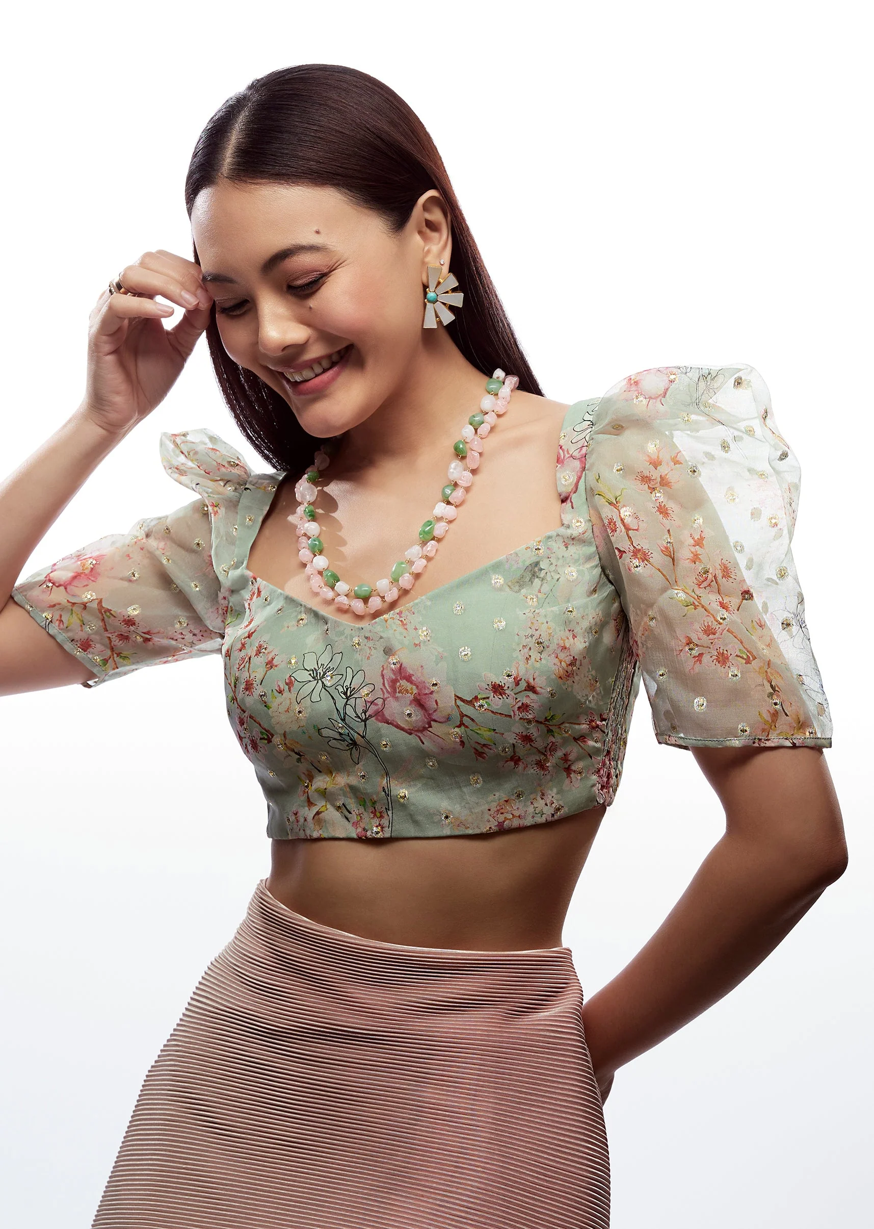 Sea Green Printed Sweetheart Blouse With Balloon Sleeves