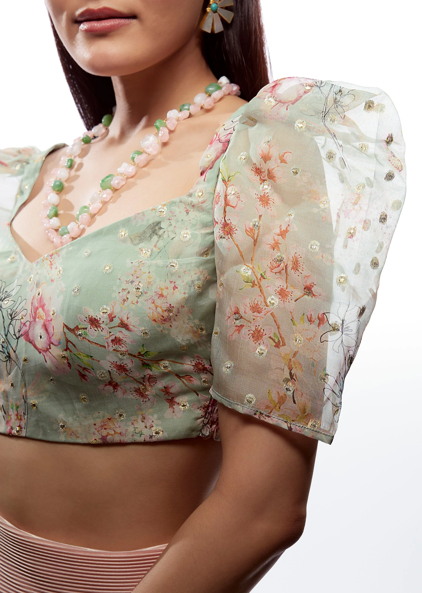 Sea Green Printed Sweetheart Blouse With Balloon Sleeves - Image 3