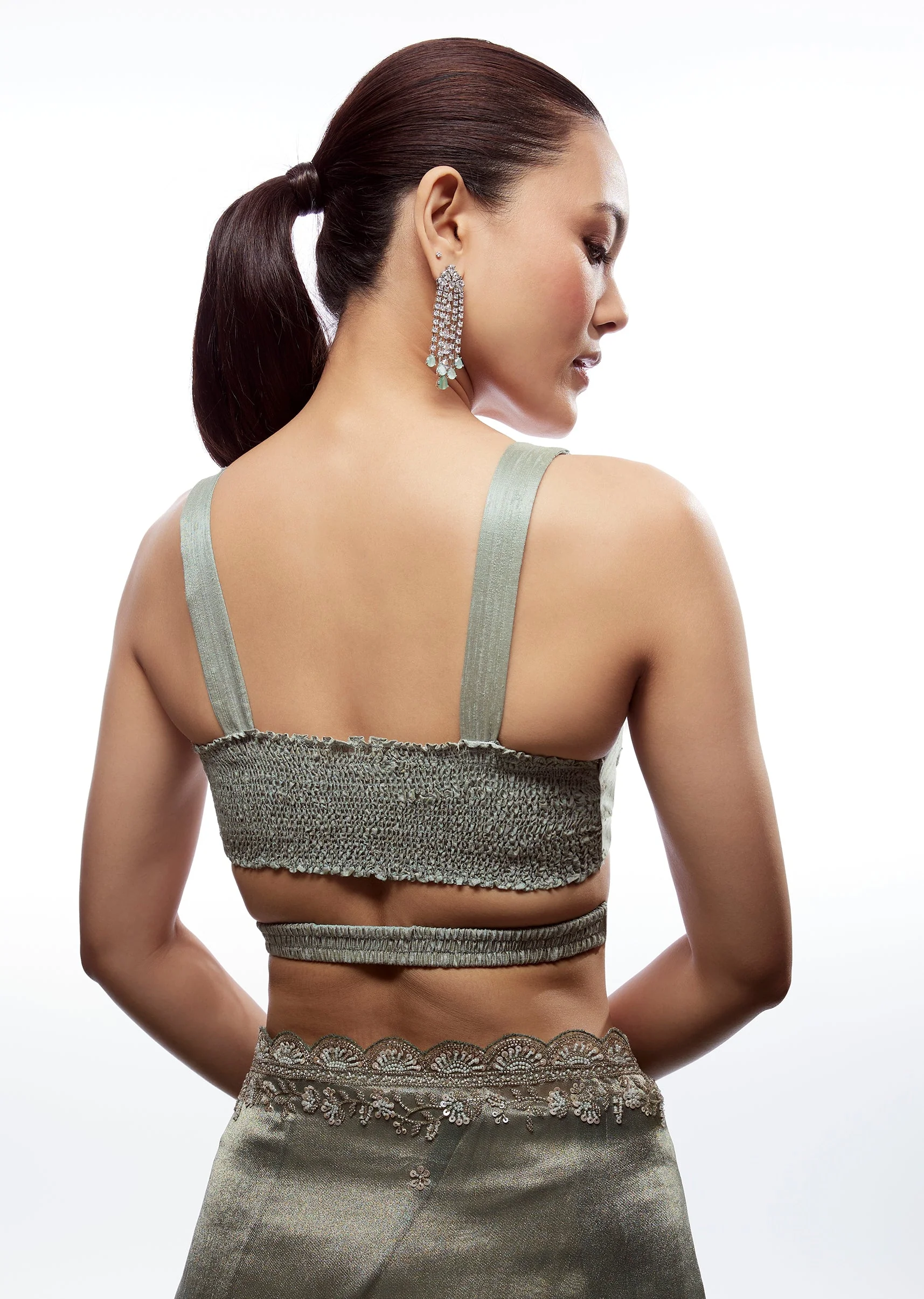 Sea Green Raw Silk V Neck Blouse - Image 2