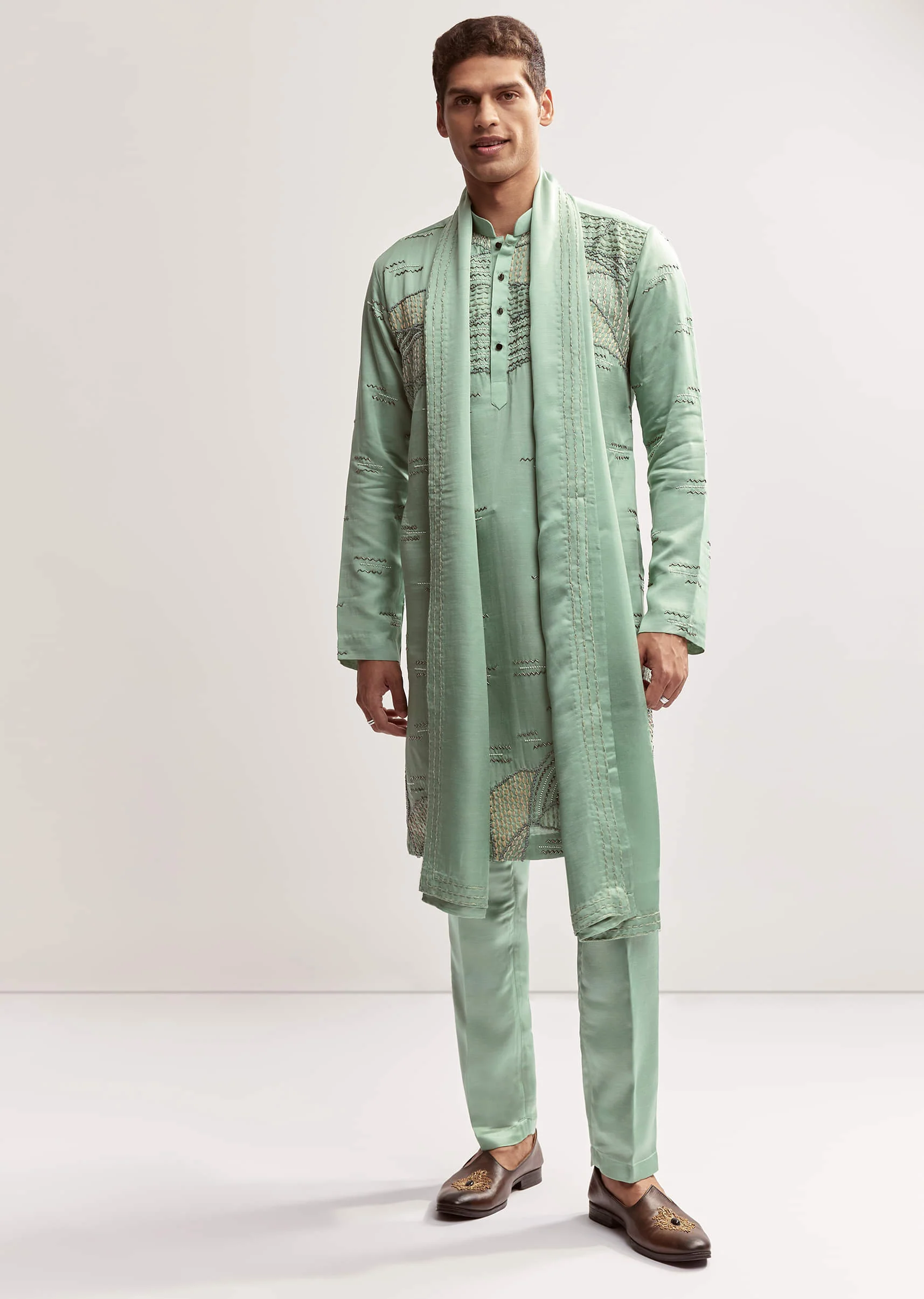 Sea Green Silk Kurta Set For Men With Bead Embroidery - Image 4