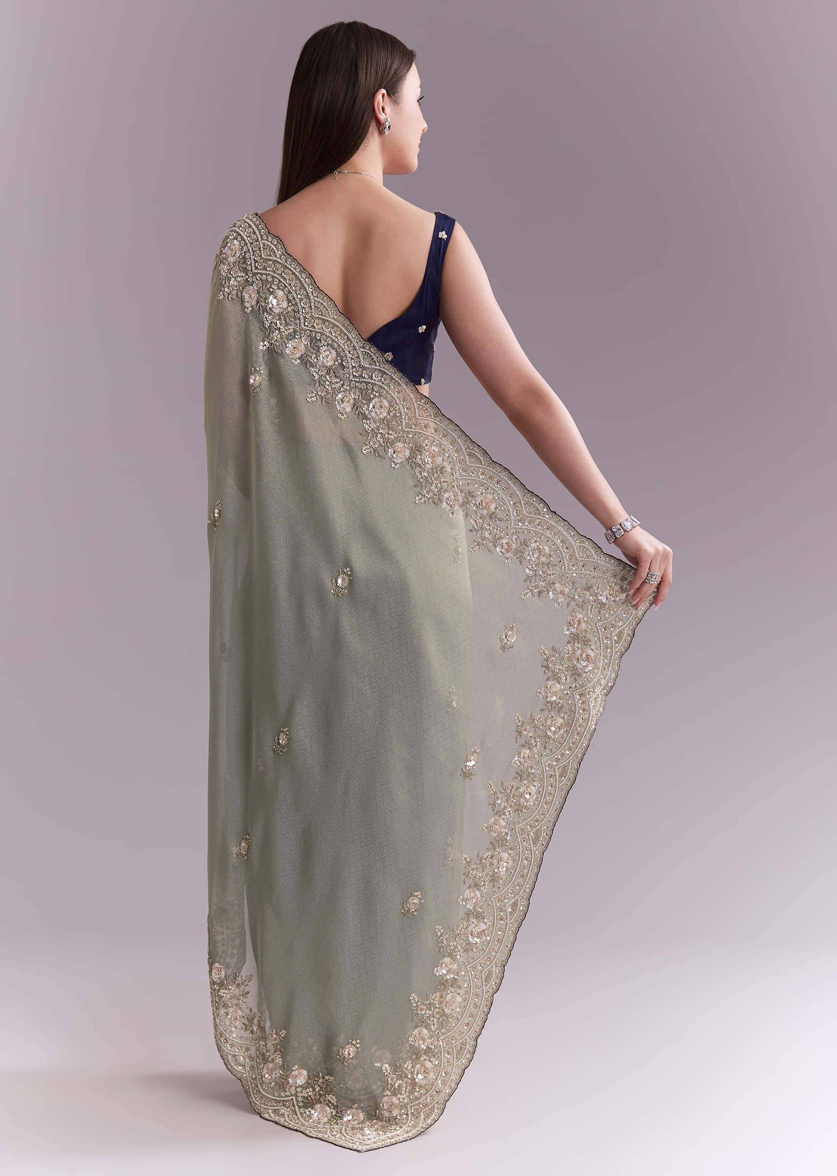 Sea Green Tissue Embroidered Saree With Floral Buttis - Image 4